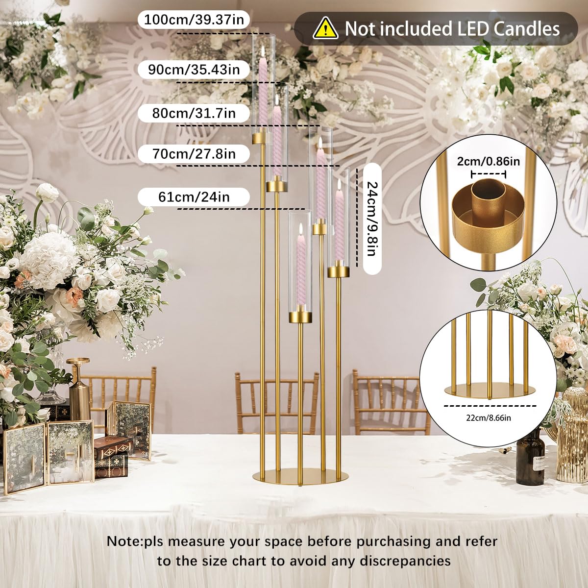 2PCS Floor Candle Holders for Wedding,Tall Arcylic Candelabra Centerpiece for Tables Candelabra 5 Arm for Party Christmas Concert Fit LED Candle Prom Entrance Decorations candelabros navideños