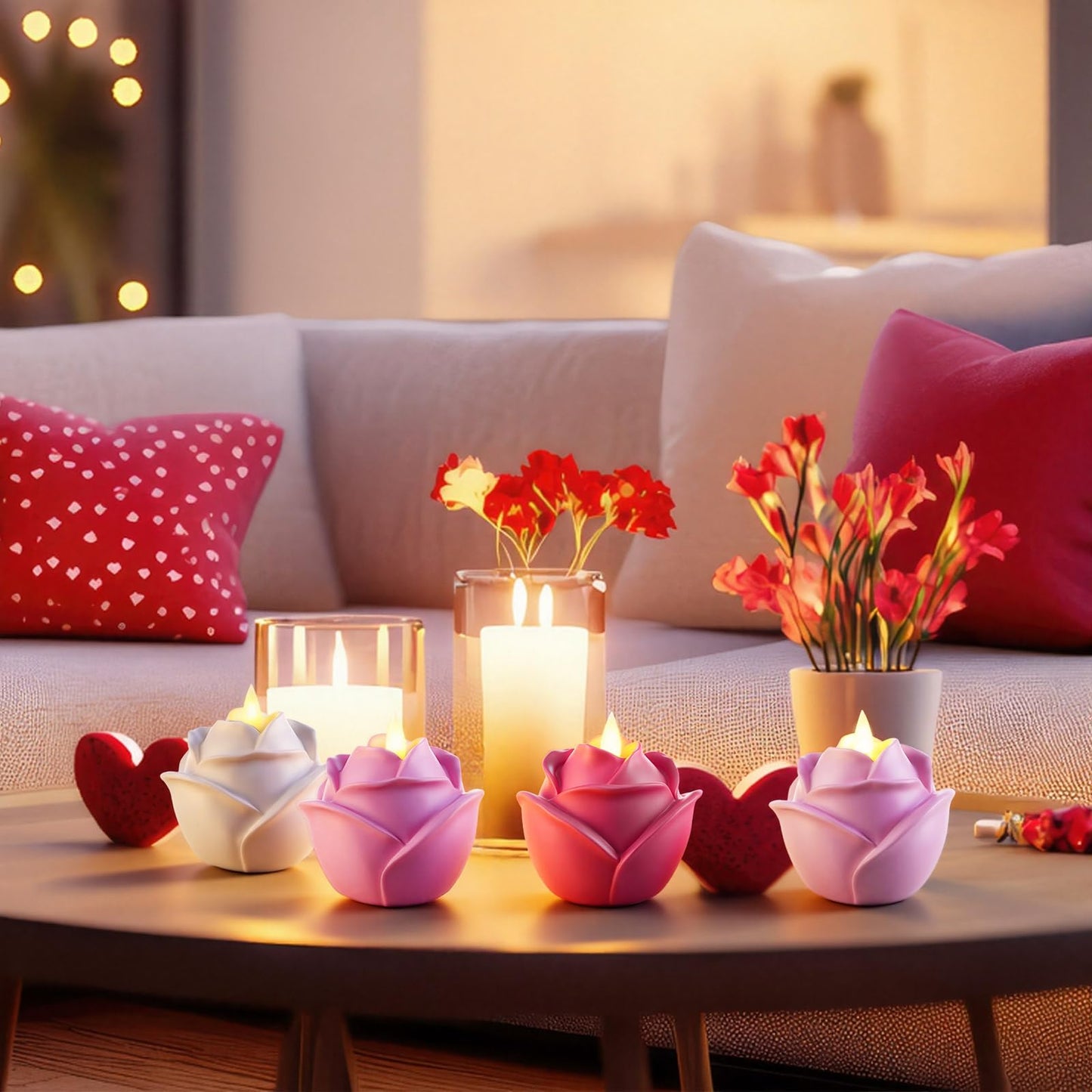 Bucherry 4 Pcs Rose Flameless Candle Light 3.5" LED Resin Pink Rose Flower Tealight Candle Battery Operated Rosebud Flickering Tea Light for Wedding Party Teacher Gifts Home Table Decor