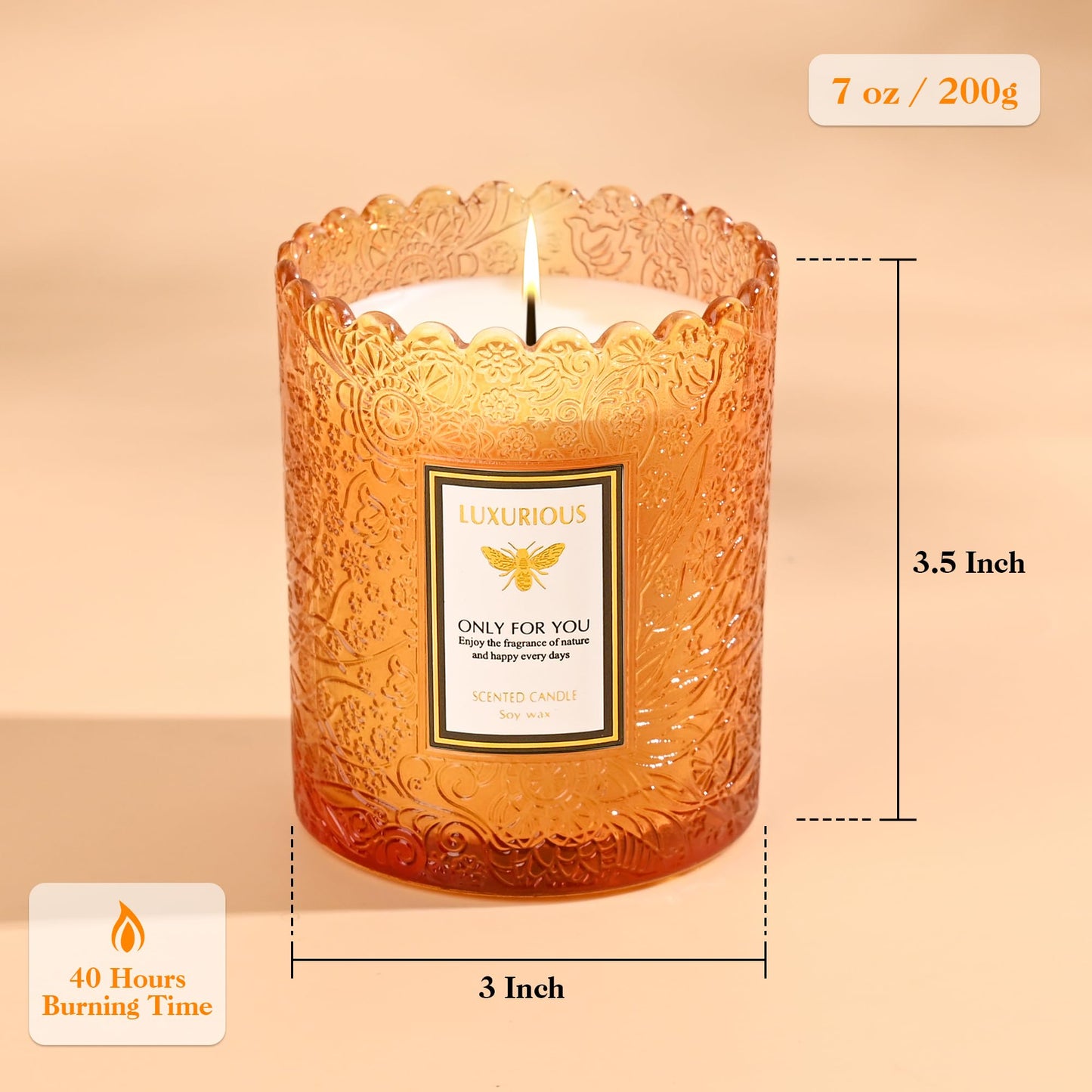 Sandalwood Candles, Candles for Home Scented, Natural Soy Wax Candle，Aromatherapy Candle for Stress Relief, Delicate Embossed Glass Jar for Home Decor, 7 oz 40 Hours Burning Time