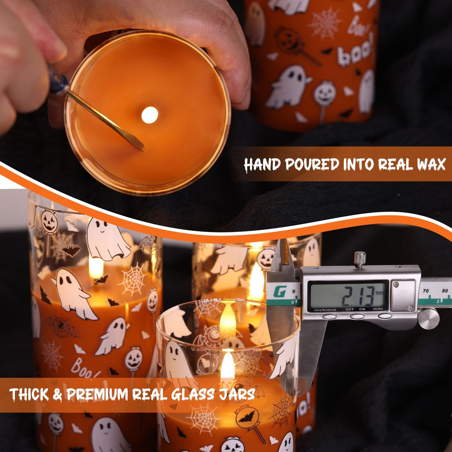 Girimax Orange Halloween Flameless Pillar Candles with Remote, Glass Flickering LED Wax Candles Battery Powered Set of 3