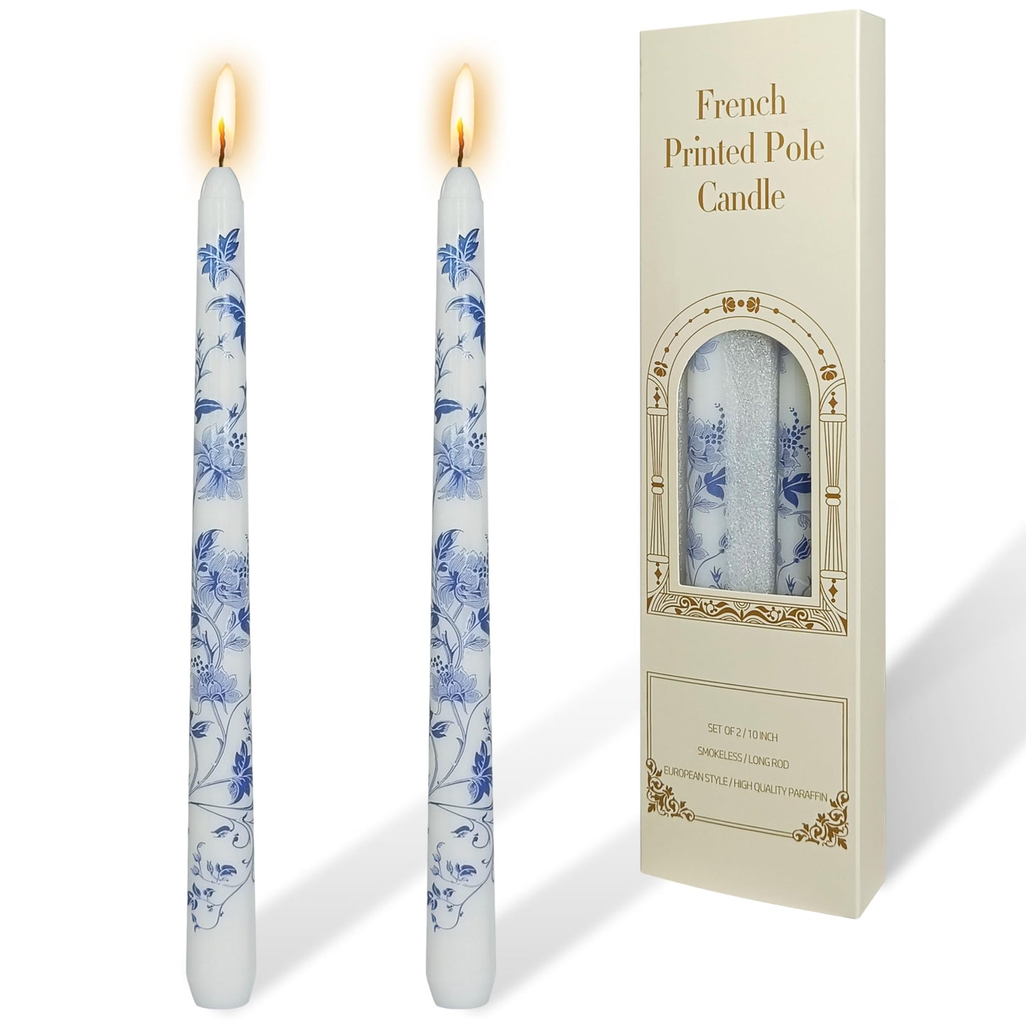 Blue and White Porcelain Taper Candles 10 inch - 2 Pack Chinoiserie Taper Candles Lotus Pattern Printed Smokeless, Unscented Perfect for Home Decor, Weddings, and Special Occasions