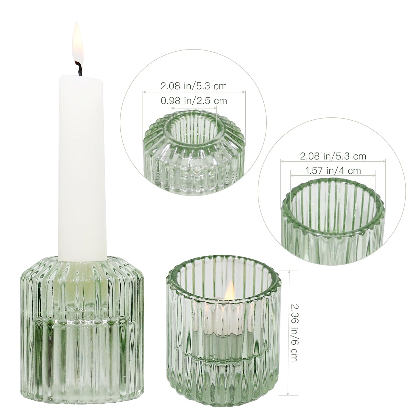 CHOCSTAY Reversible Green Glass Candle Holder Set of 6, Thick Heat-Resistant Glass Candlestick Holders for Taper, Tealight, Votive, LED Candles, Perfect for Wedding, Party, Home Décor
