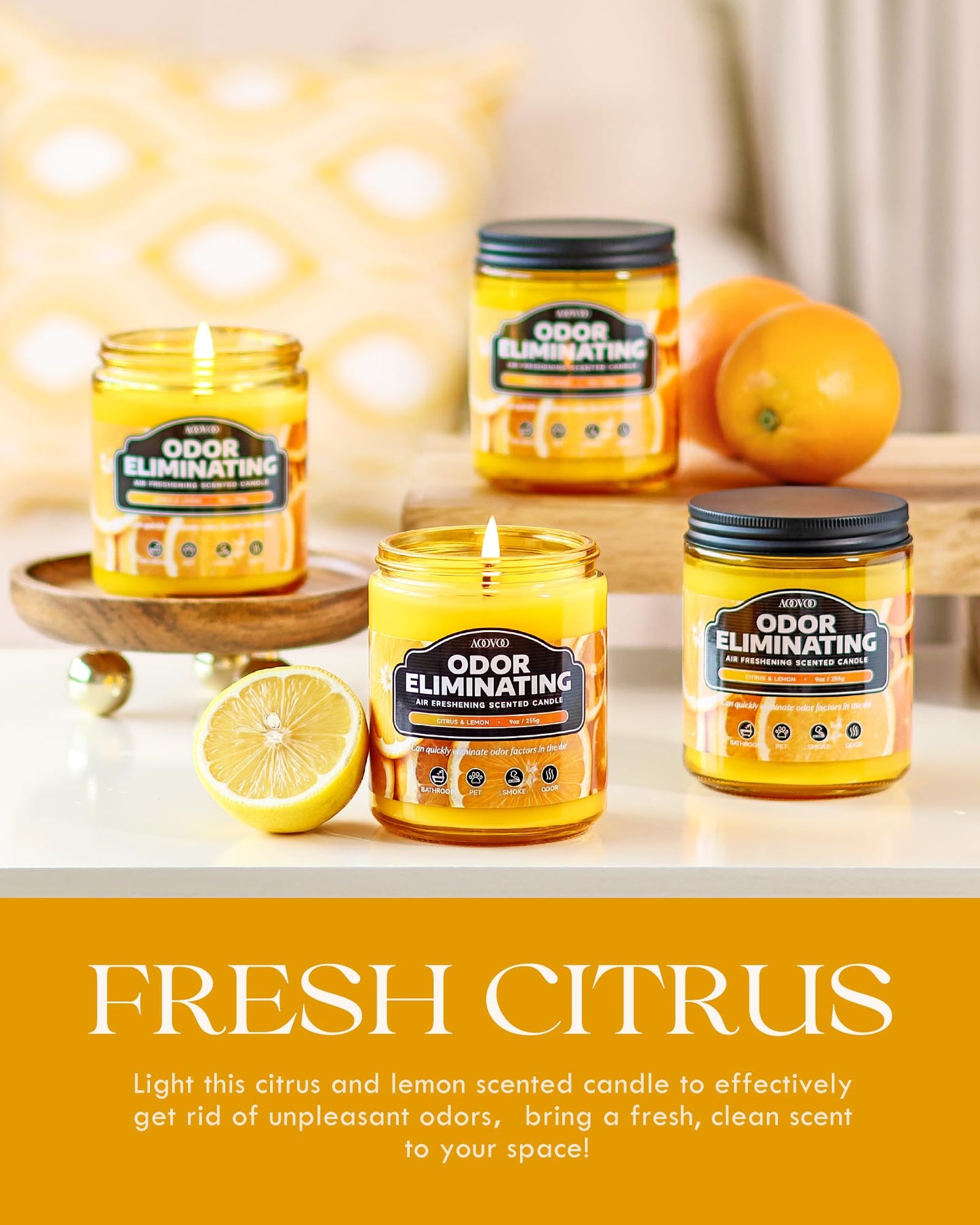 AOOVOO 4 Pack Citrus Lemon Odor Eliminating Highly Fragranced Candle Set - Eliminates 95% of Pet, Smoke, Food, and Other Smells Quickly, Non Toxic Air Freshing Soy Candle