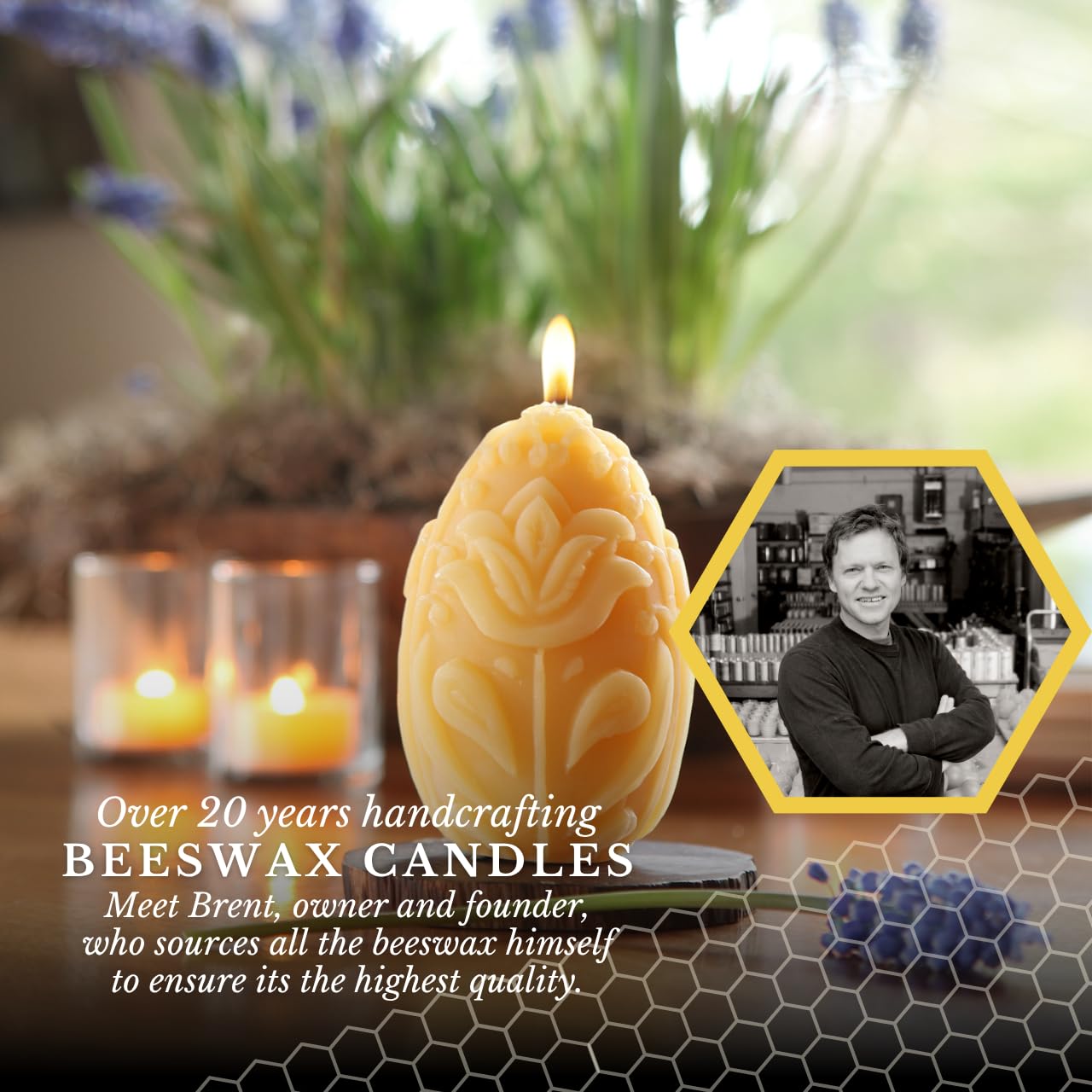 Big Dipper Wax Works Beeswax Egg Pillar Candle, 100% Pure Beeswax, 40 Hour Burn, 3.5 Inch Floral Sculpted Design, Cotton Wick, Unscented Natural Honey Aroma, Spring and Easter Decor