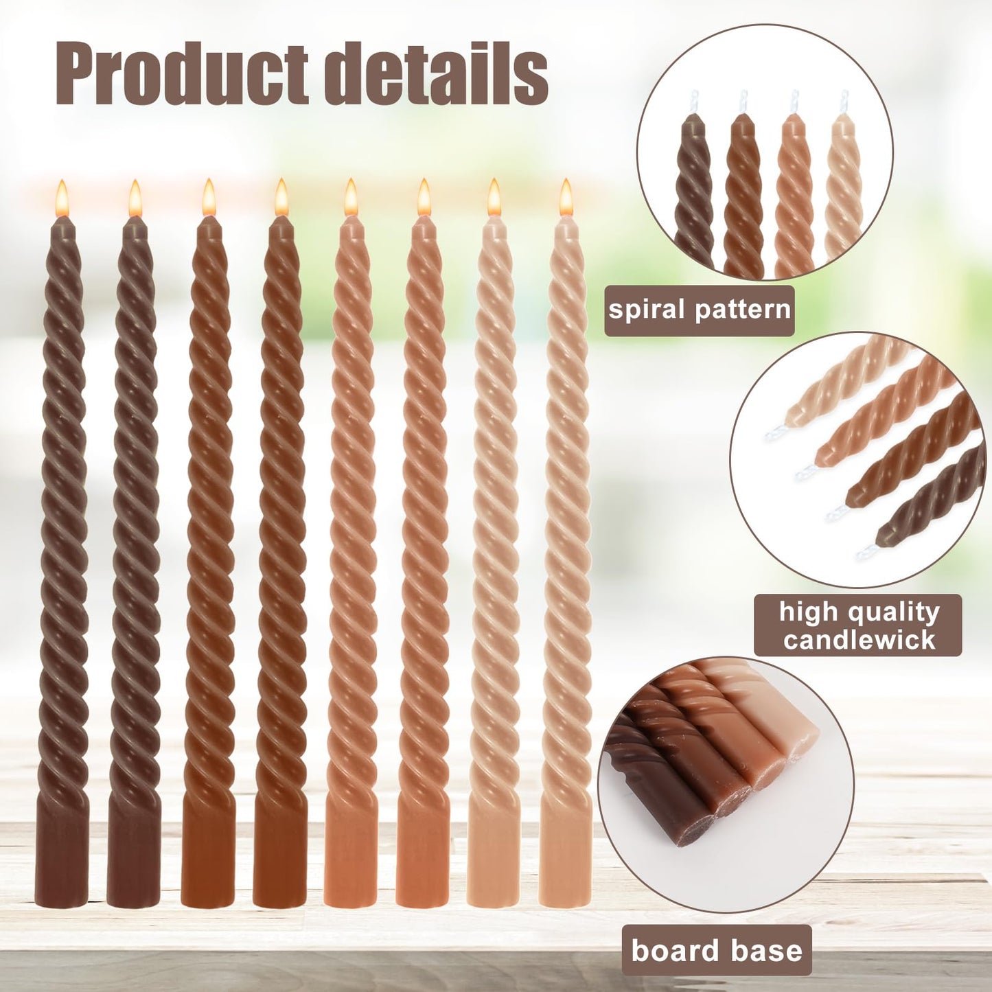 Whaline 8Pcs 10 Inch Gradient Brown Spiral Taper Candles Dripless Twisted Wax Candles Long Unscented Candle Sticks for Wedding Party Home Dining Table Decor