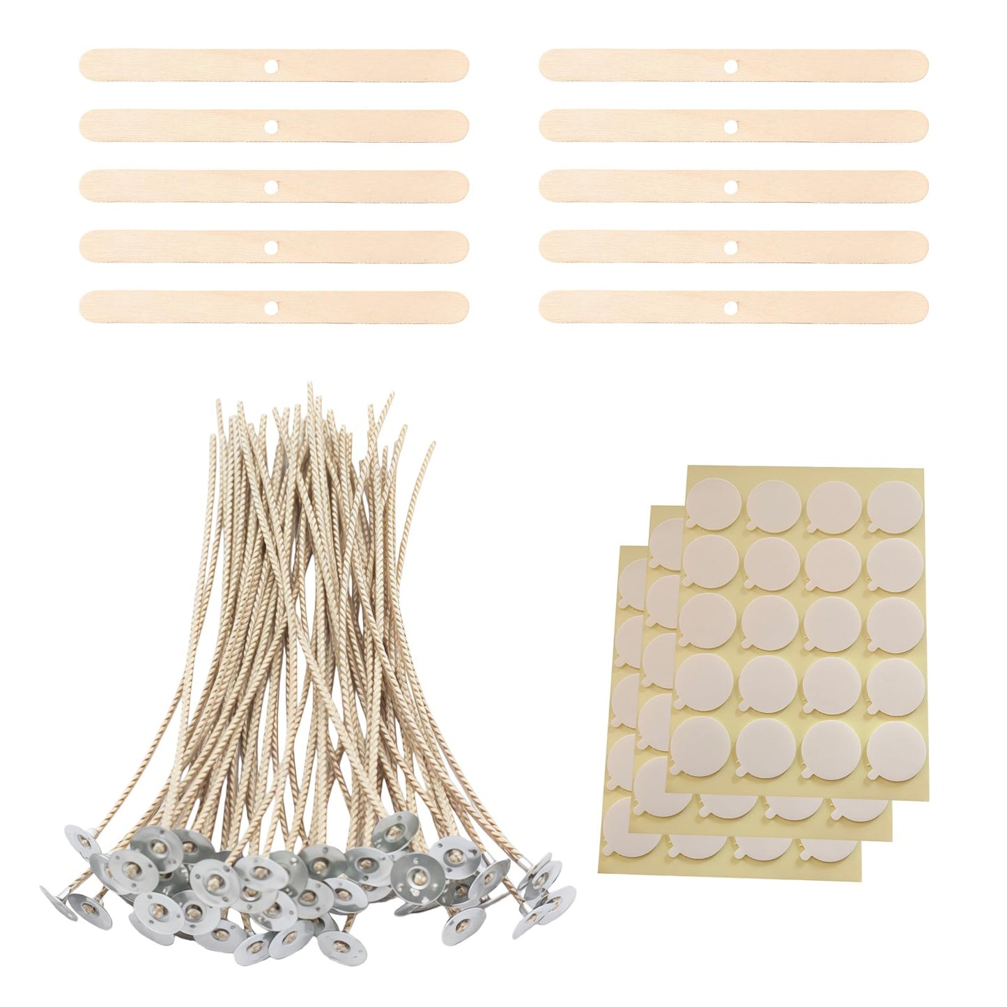 Candle Wicks Kit - 50pcs 8 Inch Natural Candles Wicks with 10pcs Wooden Holders 120 Pcs Wick Stickers for Soy Wax Beeswax Coconut Wax Candle Making Supplies