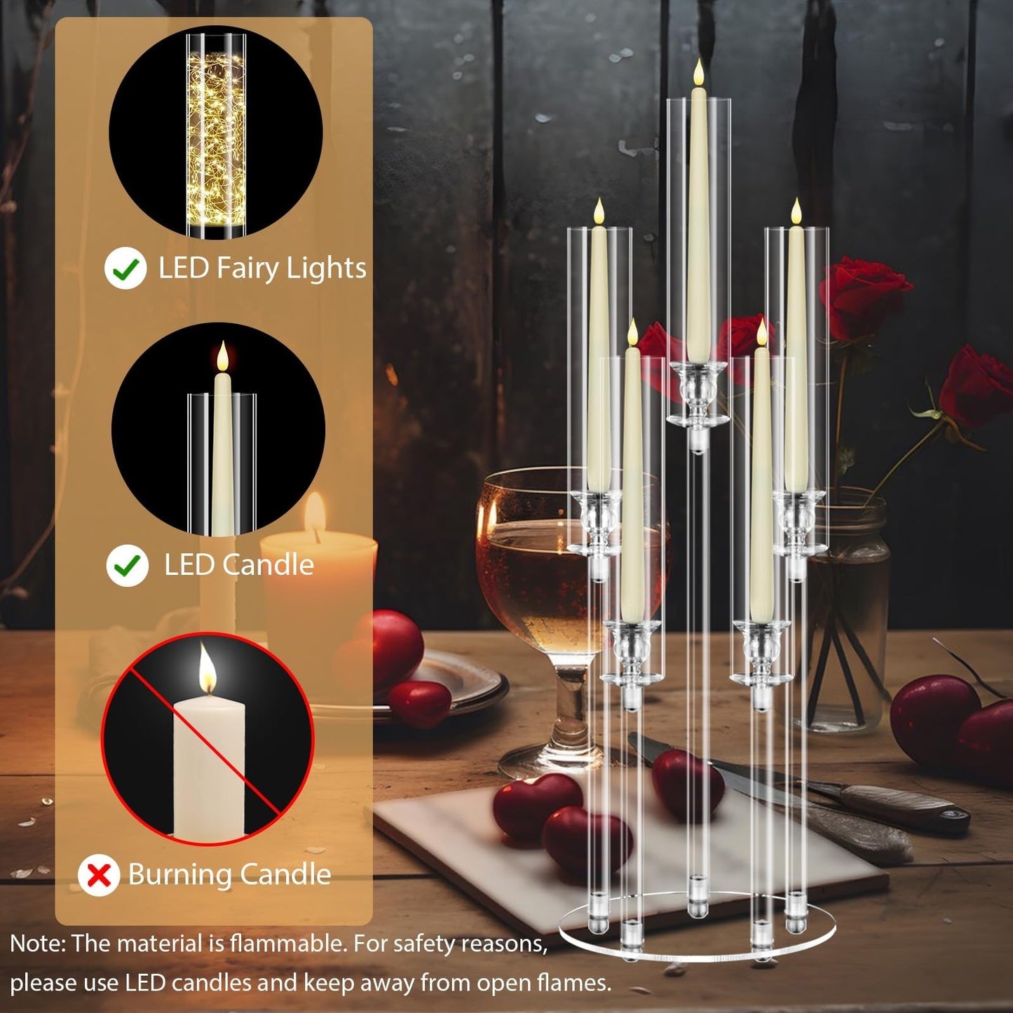 5 Arms Acrylic Candelabra Centerpieces for Tables, Clear Candle Holder for Halloween Christmas Wedding Party Decor, 27" Tall Candlestick Holders with Lampshade, Fits LED Candle(2pcs)