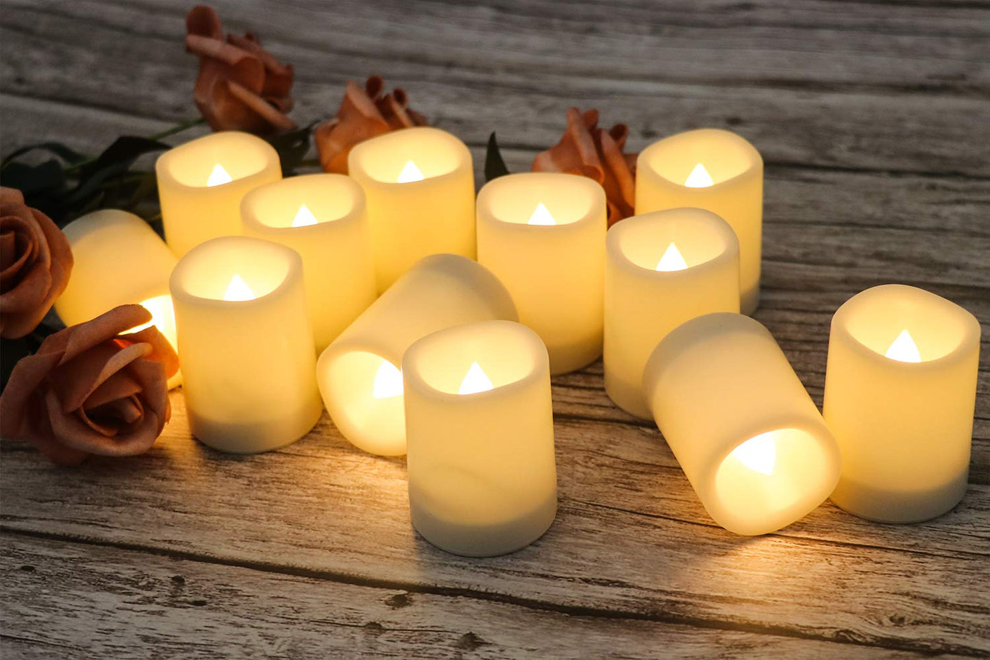 GenSwin Waterproof Outdoor Flameless Candles Flickering with Timer, Battery Operated LED Pillar Votive Tealight Candles(Battery Include), Set of 12 Plastic Warm Light(White, 1.5 x 2 Inch)