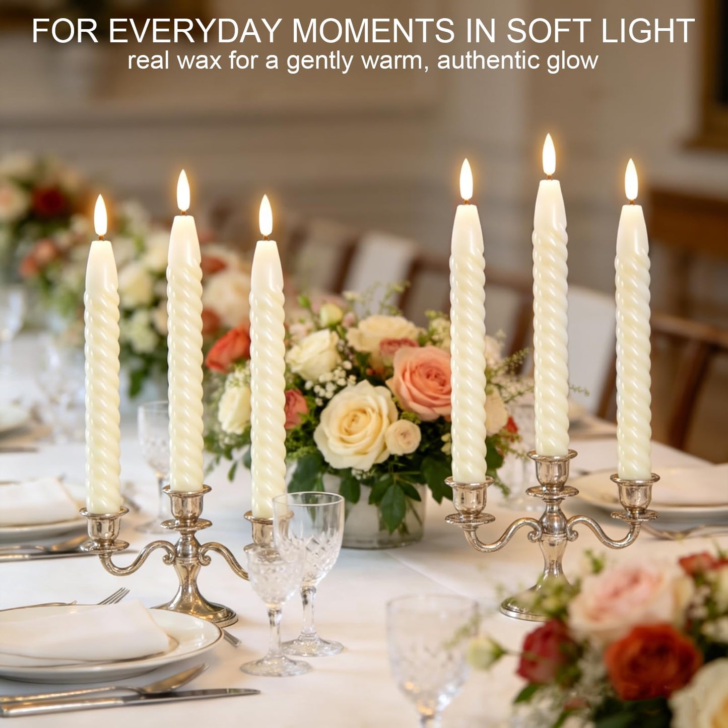 Lasumora Flameless Taper Candles Real Wax Flickering with Remote Timer, Pastel Ivory 3D Wick LED Spiral Candles Battery Operated 6 Pack 9.8 inch, Wedding Birthday Home Party Holiday Dinner Decor