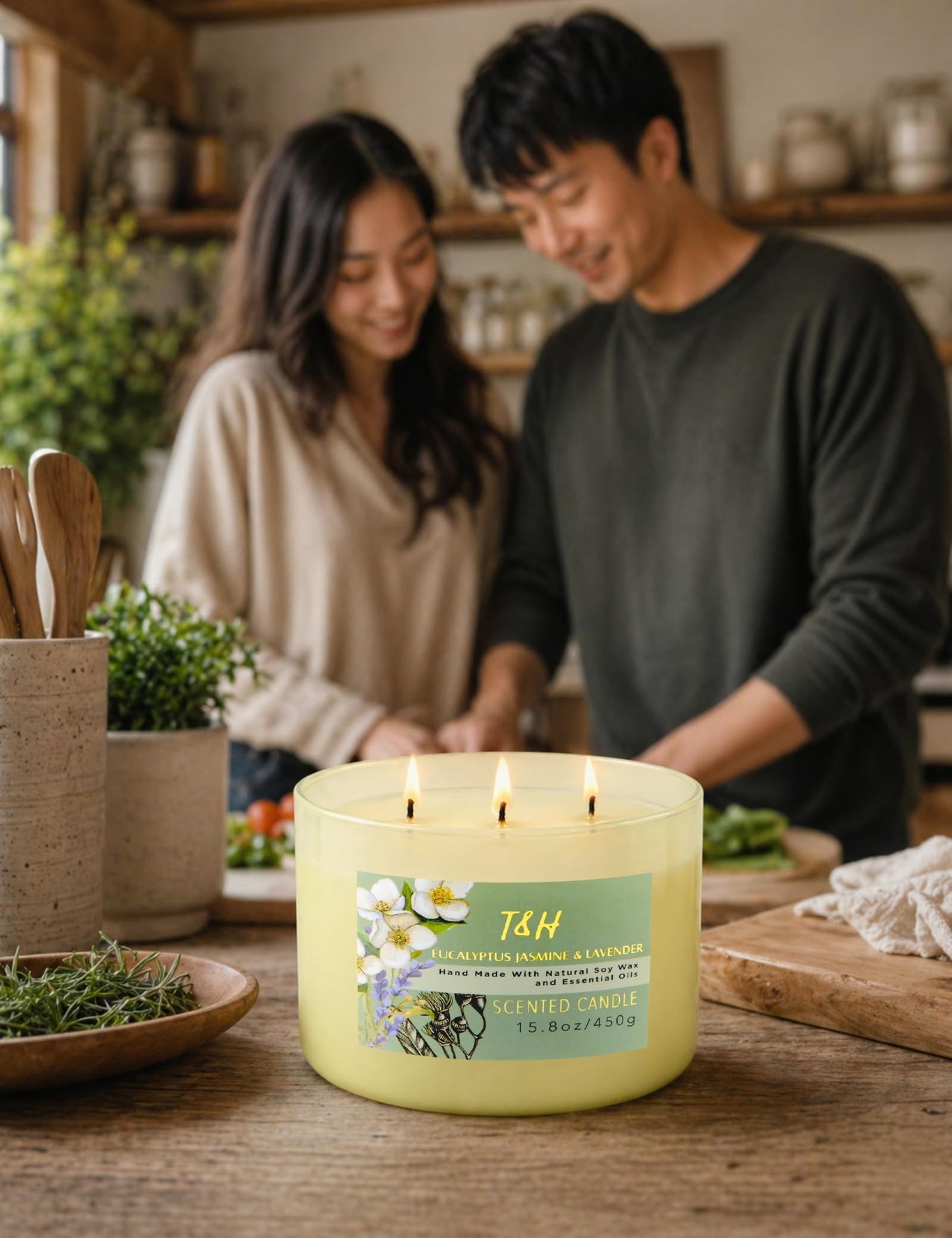 Eucalyptus Jasmine Lavender Scented Candle | 3 Wick Large Soy Candle for Home 15.8oz | Relaxing Aromatherapy Spa Candle | Strong Scent, Long Lasting, Clean Burn | Stress Relief Gift for Women & Men