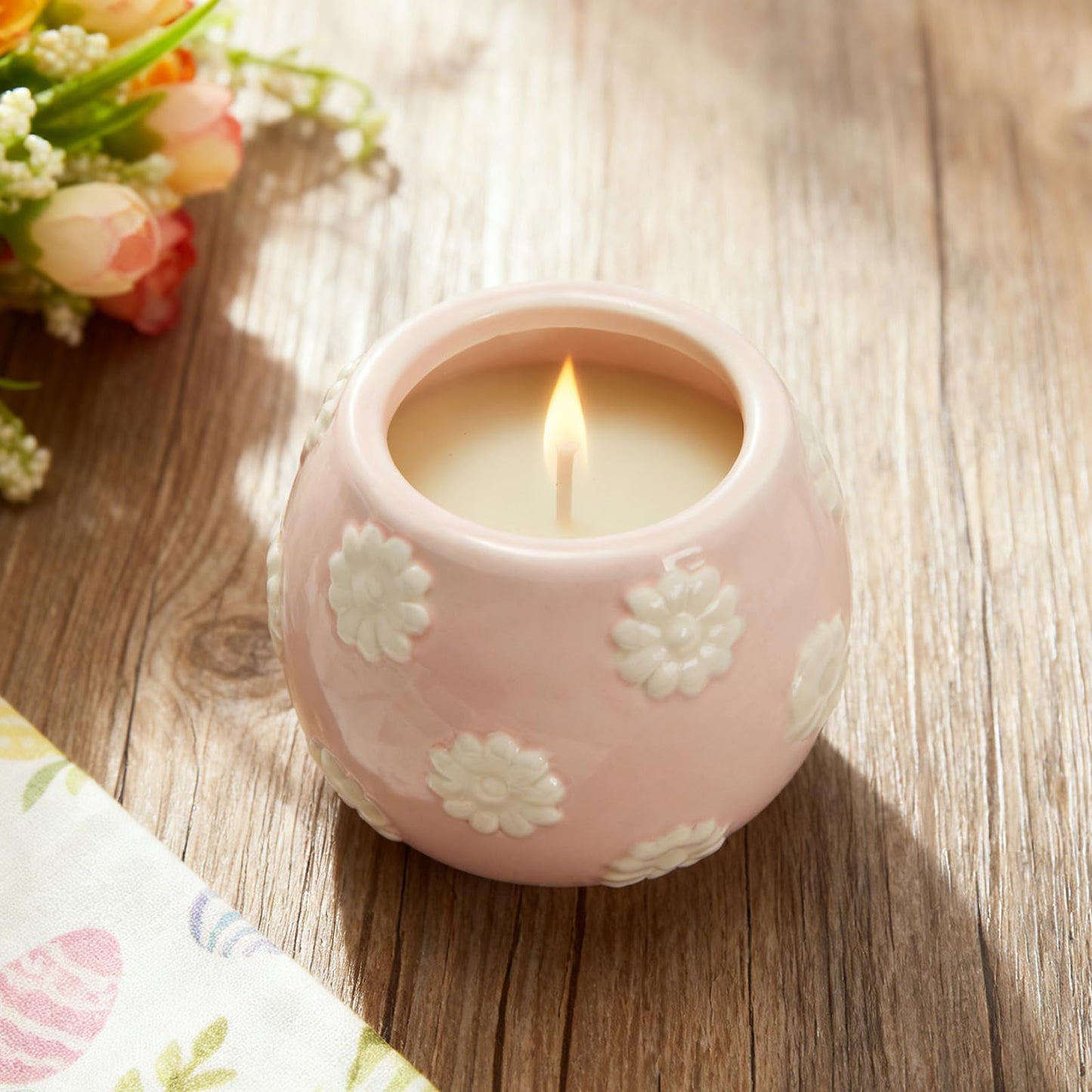 WDS WONDROUS 2-Pack Easter Bunny & Bow Ceramic Jar Candles, Egg Shaped Soy Wax Scented Candles with Daisy and Striped Design, Spring Home Decor Gift Set for Women, Pink Farmhouse Table Centerpiece