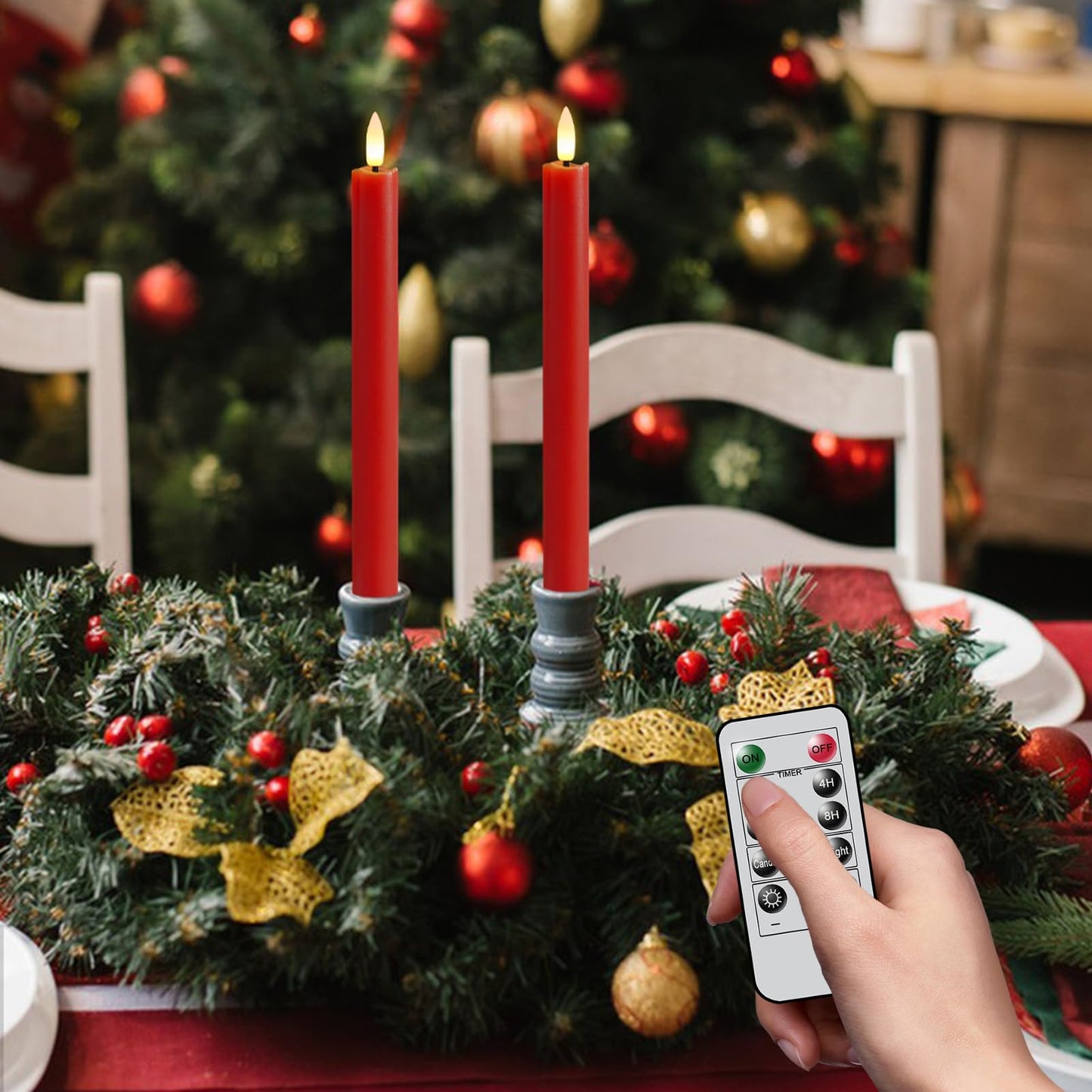 GenSwin Flameless Taper Candles with 10-Key Remote Timer, Set of 2 Red Real Wax LED Taper Candles Battery Operated, Flameless Candlesticks with 3D Wick for Halloween Christmas Decor(0.78” x 9.6”)