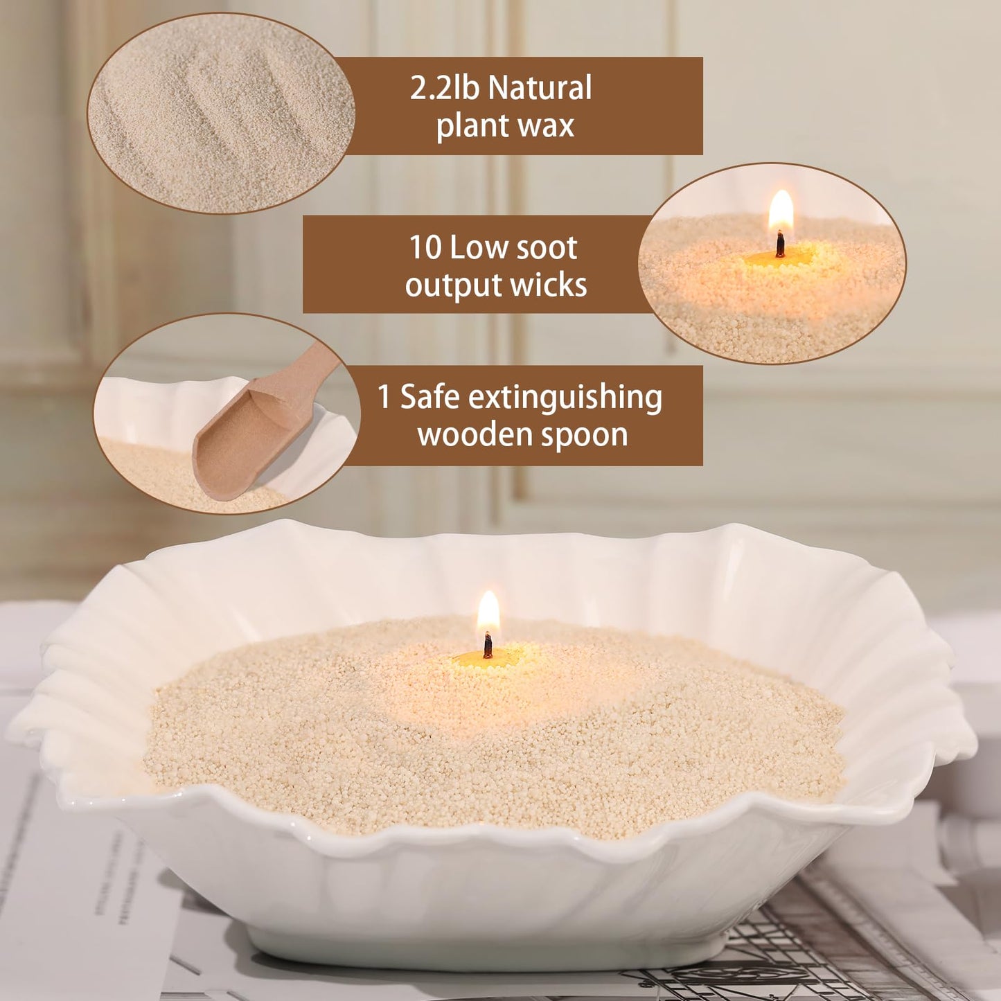 REISEN 2.2lb/35OZ Candle Sand Wax- Unscented Nude Sand Candle with 10 Wicks & Wooden Spoon, Non Toxic Wax Beads, Refillable Natural Wax for Powder Candle Making