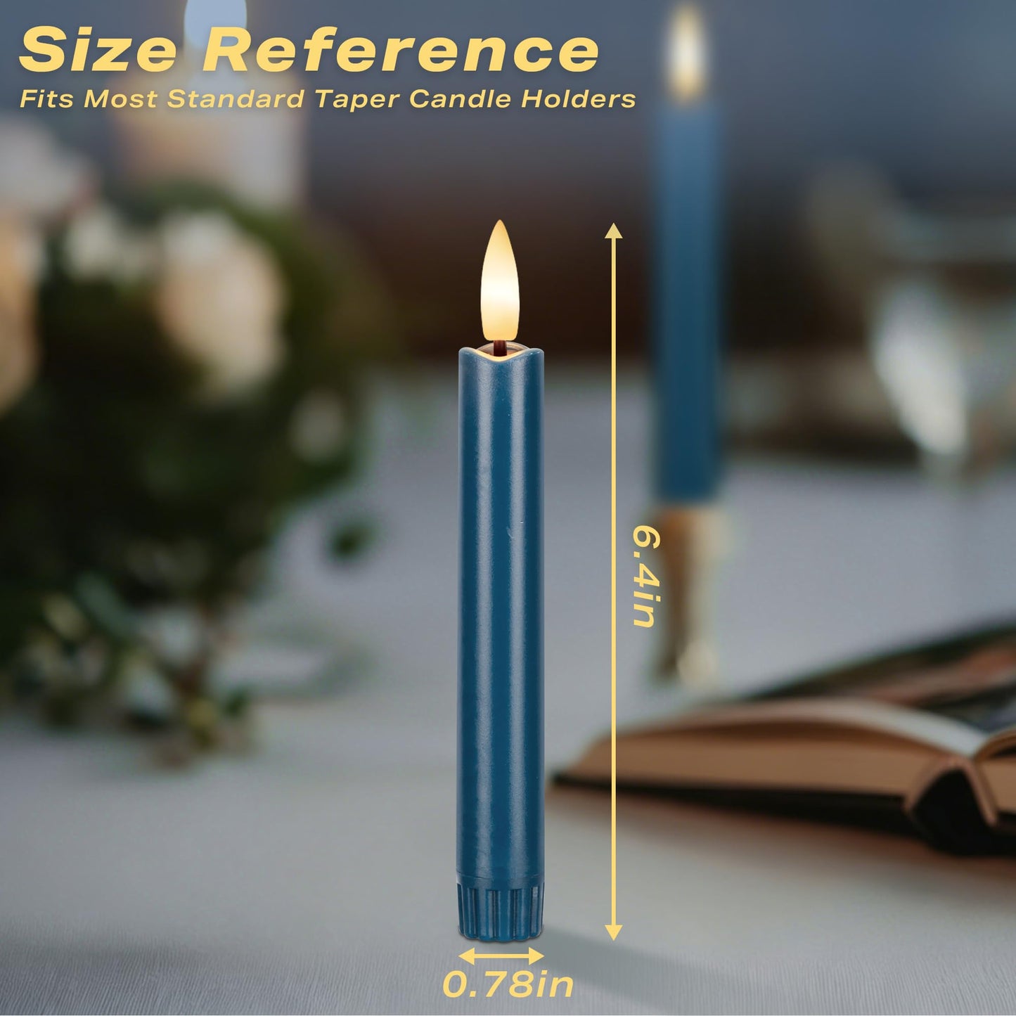 AFINETH Blue Flameless Taper Candles with Remote, Short Battery Operated LED Candles, 6.4inch Flickering Flameless Candlesticks for Table Centerpiece, Wedding, Mantel, Window Decor, Set of 6