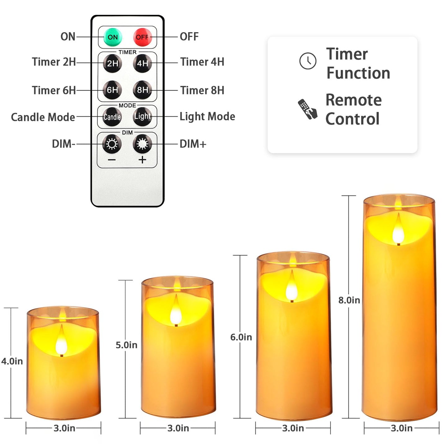 NURADA Flickering Flameless Candles: Acrylic LED Pillar Candles Battery Operated with Remote and Timer for Romantic Ambiance and Home Table Bathroom Decor, Gold, Pack of 5
