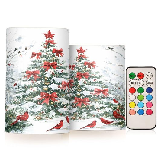 ALAZA Flickering Flameless Candles with Christmas Tree Red Birds Battery Operated with Remote Timer,Tea Light Candles LED Pillar Votive Candles Set of 2 for Outdoor Indoor Decorations
