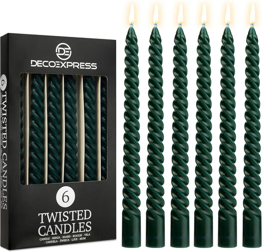 DECO EXPRESS Candles, Pack of 6 Dinner Candles, Non Drip Twisted & Non Scented, Long 6 Hours Burning Time, Cosy Home Decor, Birthday, Valentine’s Day & Mother’s Day Gift Idea (Green - Pack of 6)