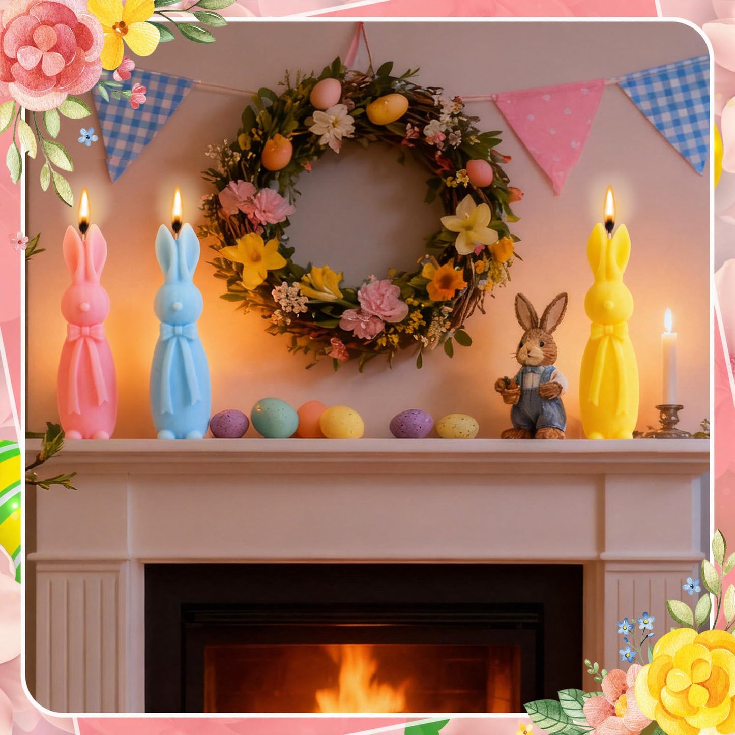 Lounsweer 3 Pcs Easter Bunny Candle Scented 5.7 Inch Pastel Mini Rabbit Shaped Votive Easter Flower & Fruit Scented Pillar Candle for Home Table Shelf Living Bedroom Party Gifts, Macaron Color