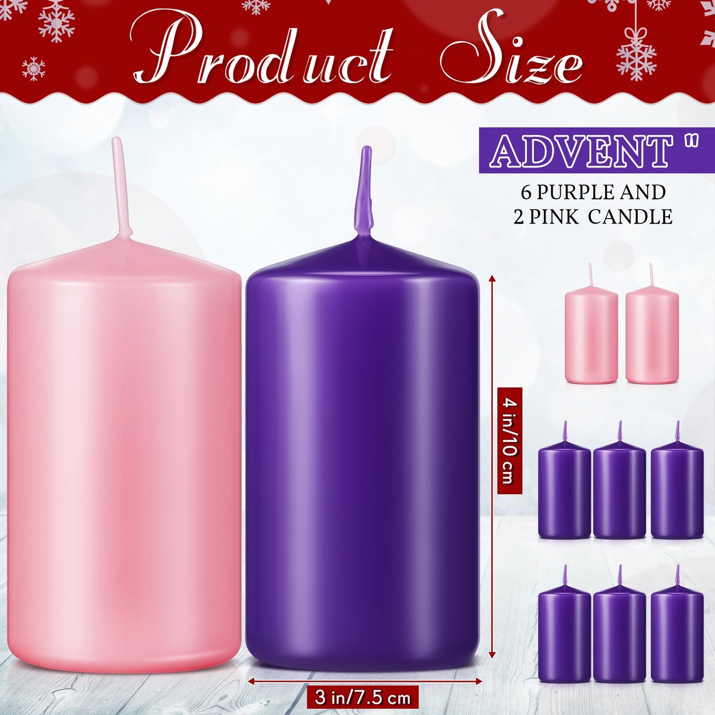 Amylove 8 Pcs 3 x 4 Inch Advent Pillar Candles Set Pink Purple Christmas Unscented Lasting Burning Church Candles for Advent Wreath Holiday Gifting