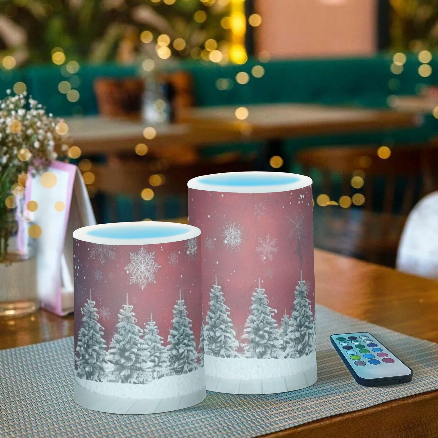 senya Christmas Lights Flameless Candles Christmas Trees Snowflakes Print Pillar Candles Set of 2 Battery Operated Remote Control Warm Lights Home Decor