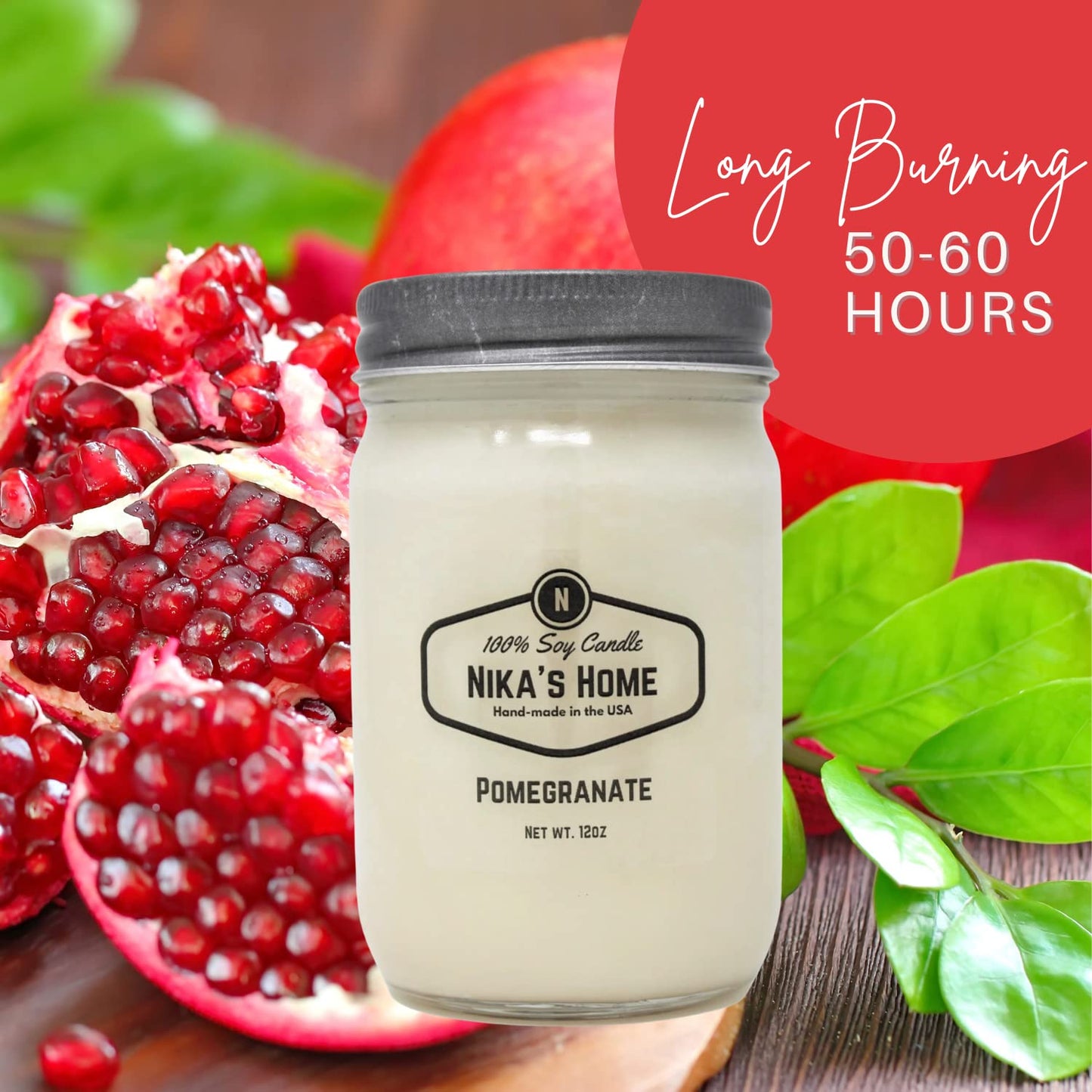 Nika's Home Pomegranate Soy Candle 12oz Mason Jar Non-Toxic White Soy Handmade Long Burning 50-60 Hours Highly Scented All Natural Candles Clean Burning Large Candle Gift Décor