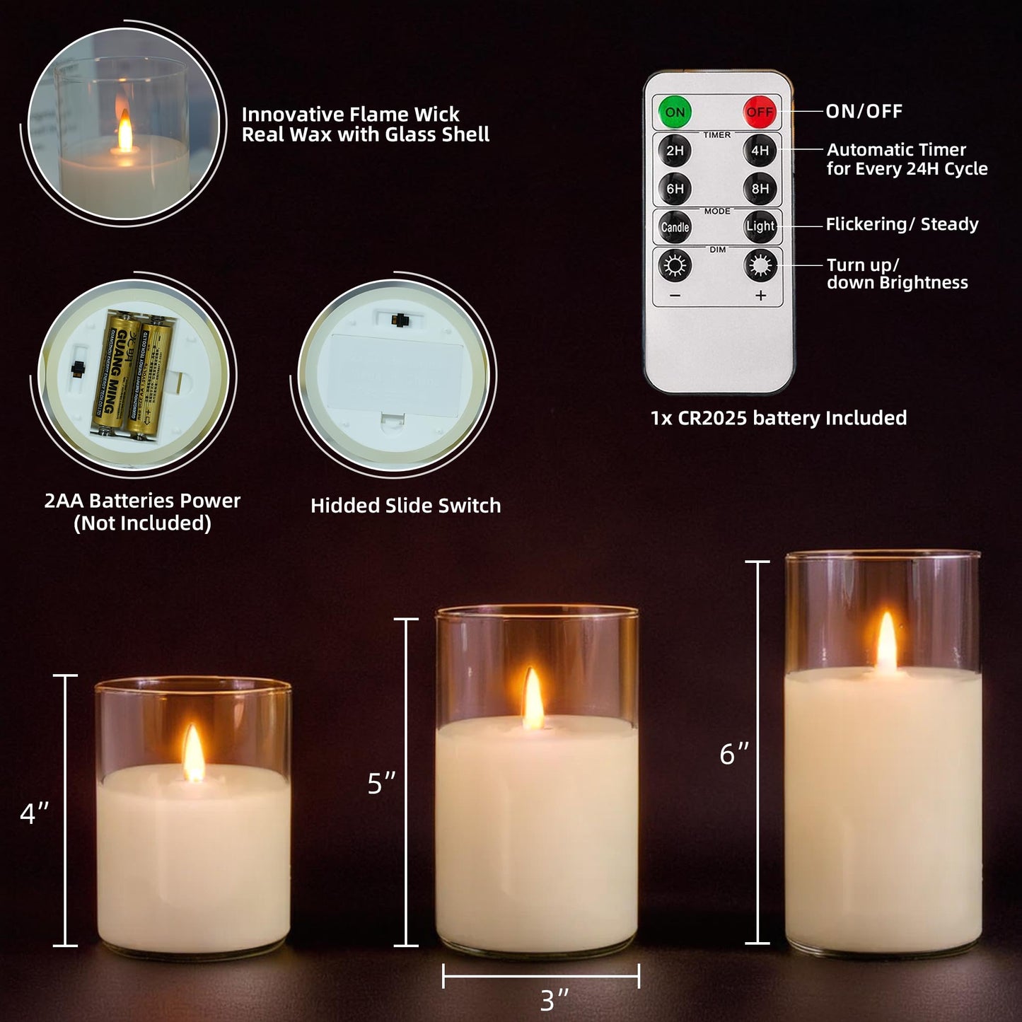 NICEME Clear Glass Flameless Candles Battery Operated with Remote Timer, Real Wax LED Pillar Candles with Flickering Flame Pure White Radiance Evanescing Fake Candles for Wedding Home Decor, Set of 3