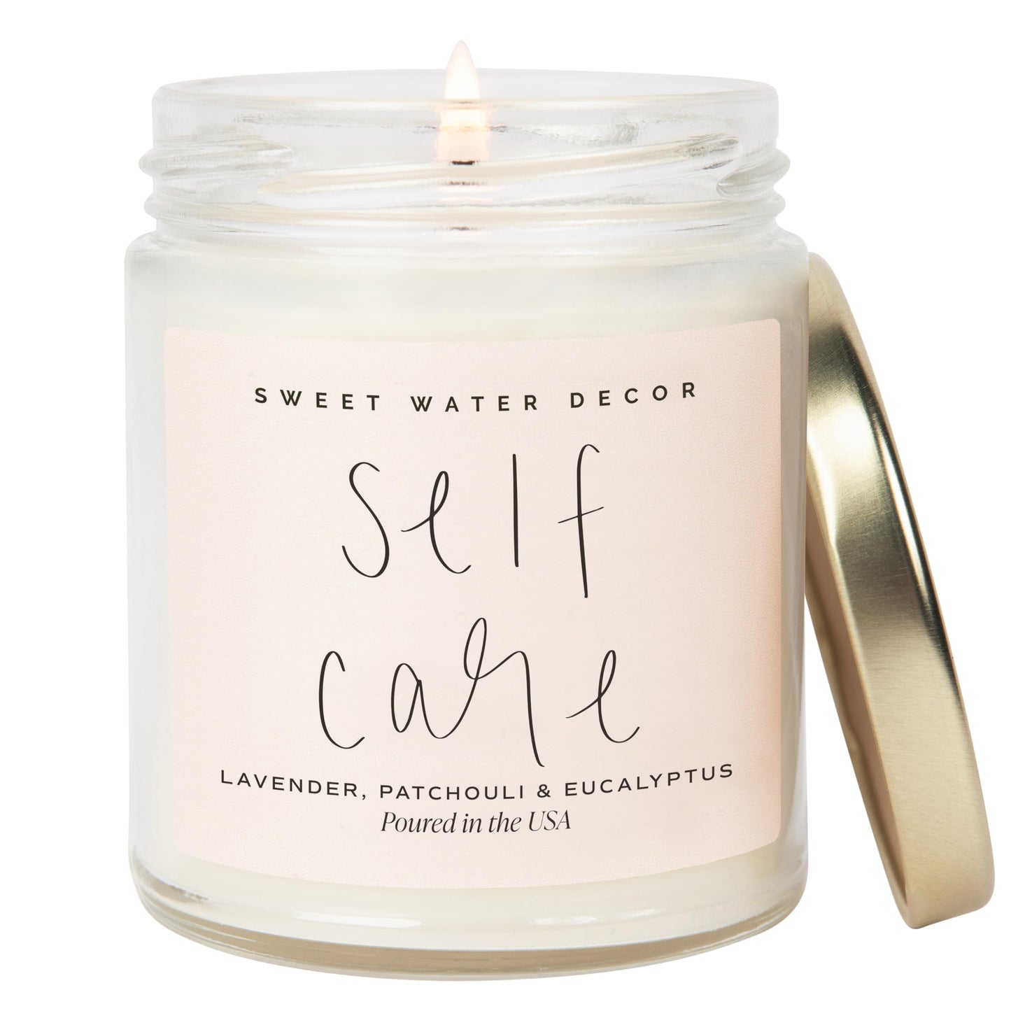 Sweet Water Decor Self Care Soy Candle - Patchouli Eucalyptus & Lavender Candles for Home - 100% Cotton Wick & Spa Scented Soy Wax Candles with 40 Hour Burn Time - 9oz Clear Jar - Made in the USA