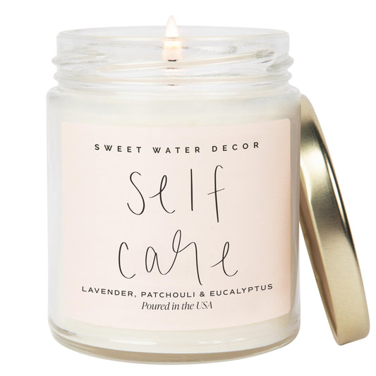 Sweet Water Decor Self Care Soy Candle - Patchouli Eucalyptus & Lavender Candles for Home - 100% Cotton Wick & Spa Scented Soy Wax Candles with 40 Hour Burn Time - 9oz Clear Jar - Made in the USA