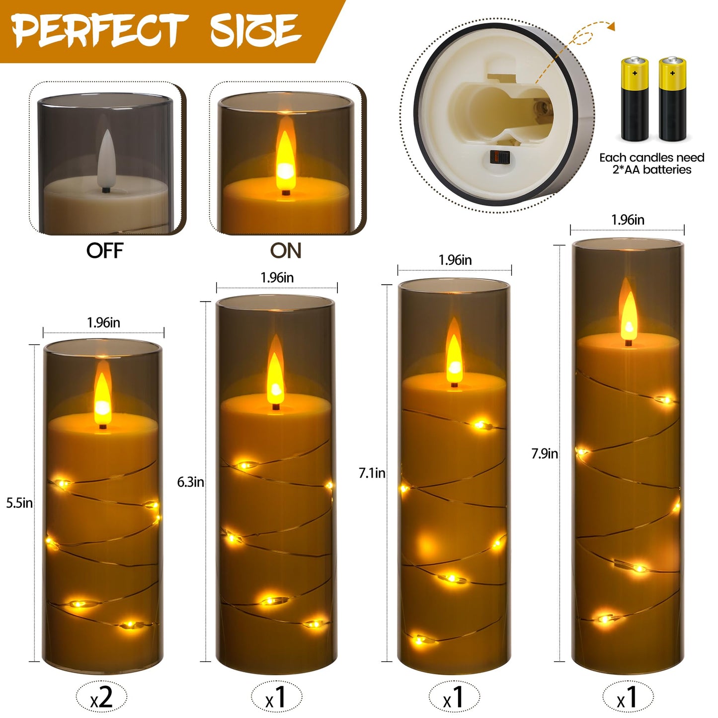 Da by 5 Pack Gray Transparent Acrylic Flameless Taper Candles, Flickering Black Wick LED Candles with Fairy String Lights, Heat Resistant Reusable ABS Candles with Remote for Home Patio Decor