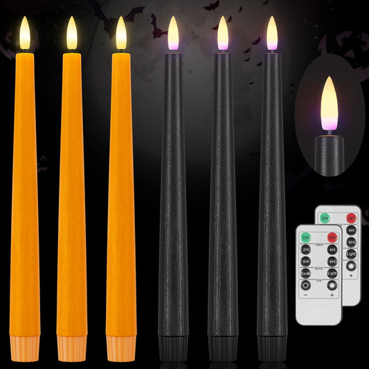 AFINETH Orange and Black Flameless Taper Candles Flickering, Real Wax Halloween Candles with 2 Remote & Timer, Battery Operated Halloween Led Candle for Party Home Decor 6 Pack