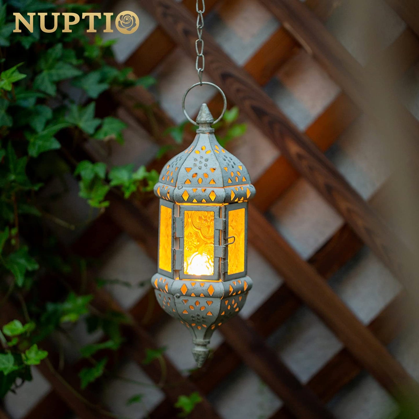 2 Pcs Moroccan Lantern Metalwork Hanging Tealight Candle Holder Metal Glass Indoor Outdoor Battery Operated LED Flameless with 35cm Chain, White