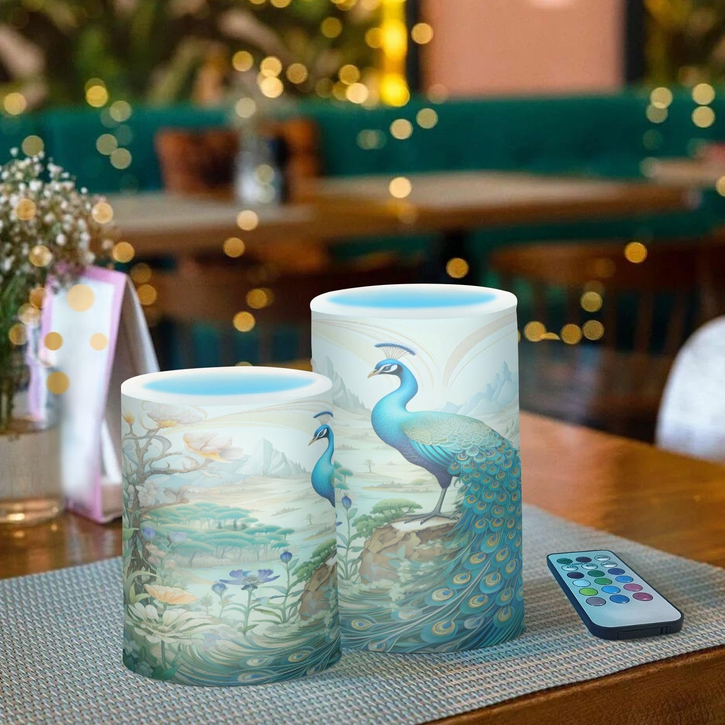 BOENLE Flickering Flameless Candles, Peacock Garden LED Candles with Remote Timer, Set of 2 Battery Operated Candle for Valentine Wedding Birthday