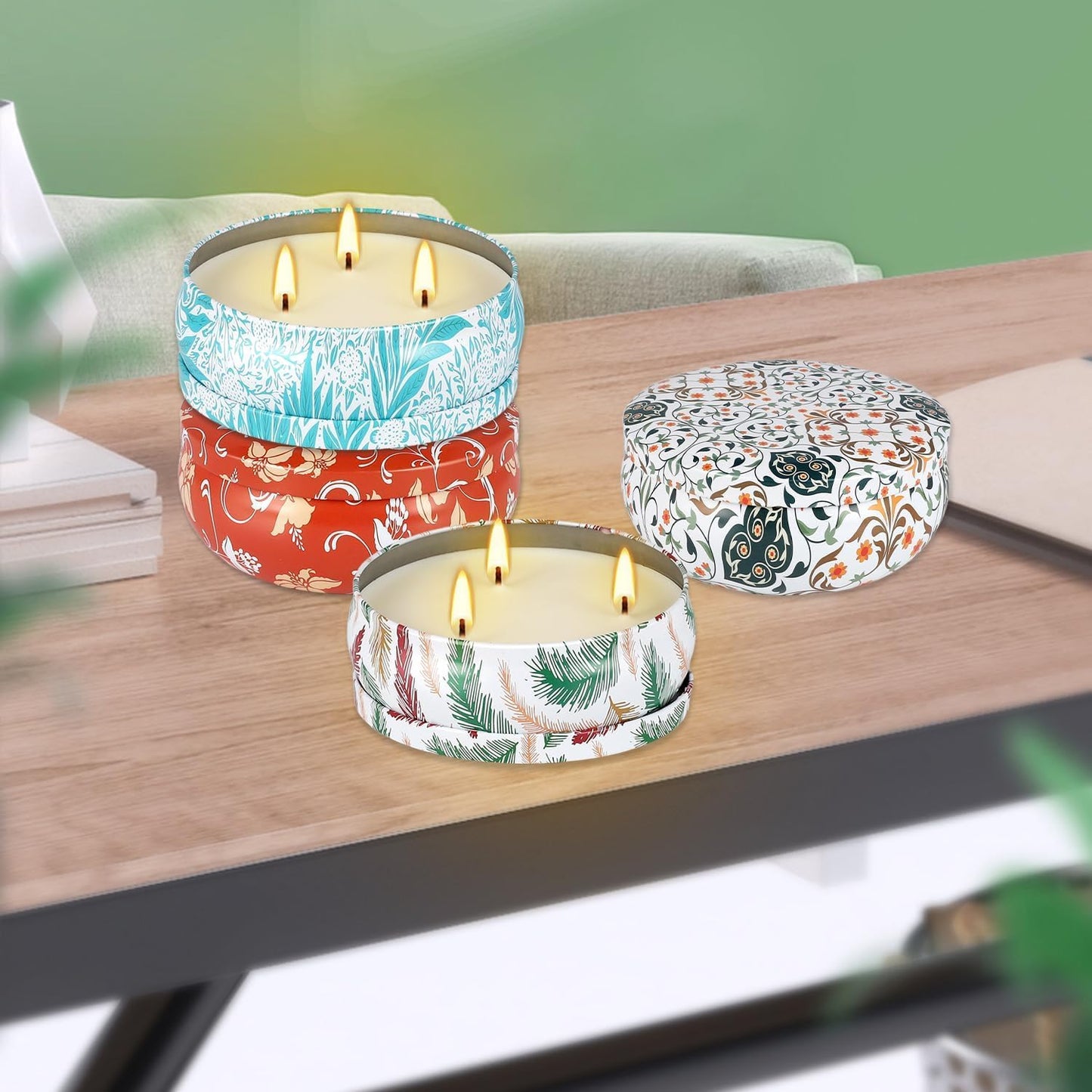 4-Pack Citronella Candle Set in Decorative Tropical Flower Tin Boxes - 3-Wick Functional Decorative Candles for Indoor & Outdoor Use - Perfect for Camping, Travel, BBQ, Picnics, and Mother's Day Gift