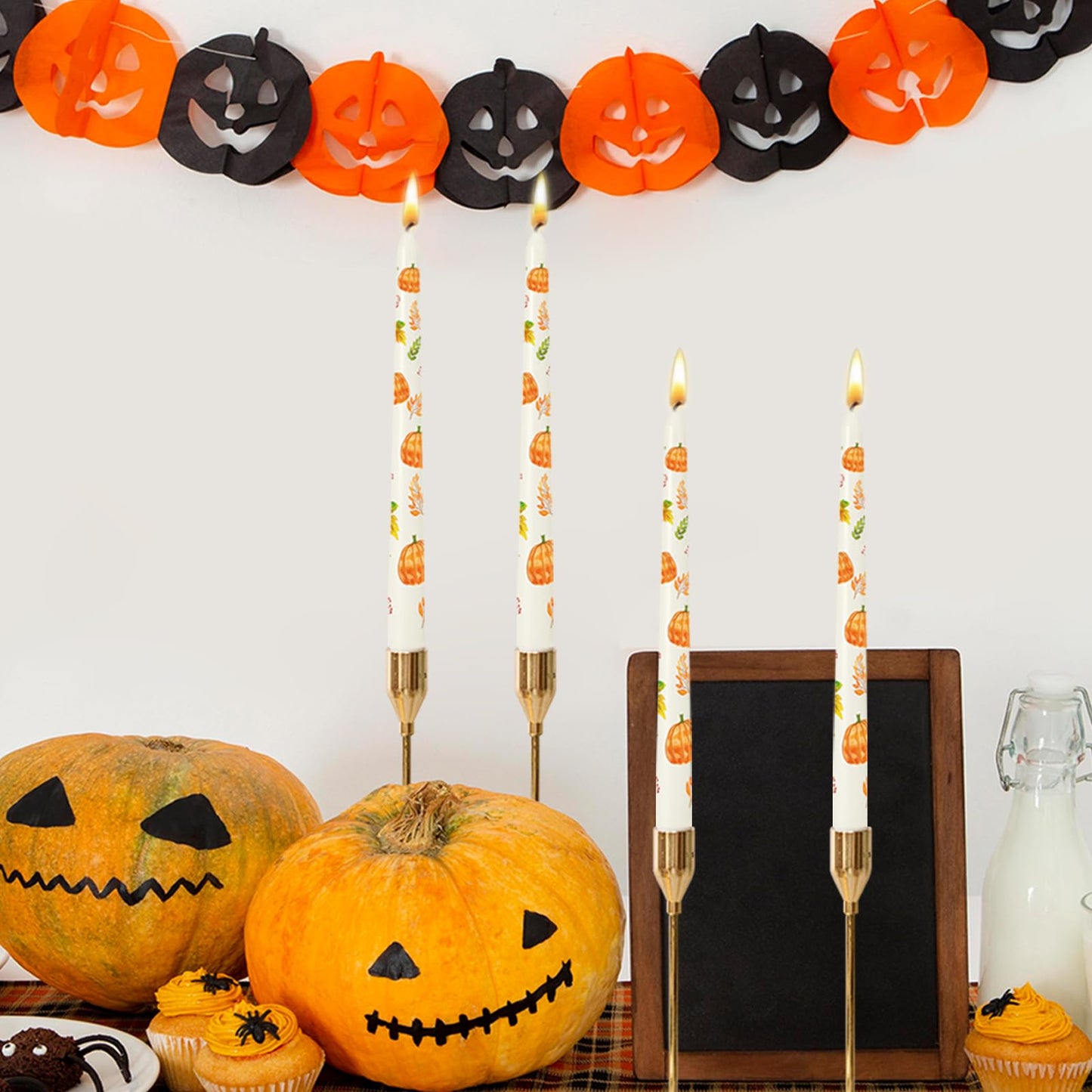 6 Pack Printed Taper Candle Set for Fall Home Decoration, 10 Inch Ivory Candlesticks with Pumpkin and Green Leaves Pattern for Dinner Holiday Seasonal Celebration, Dripless and Smokeless Candle