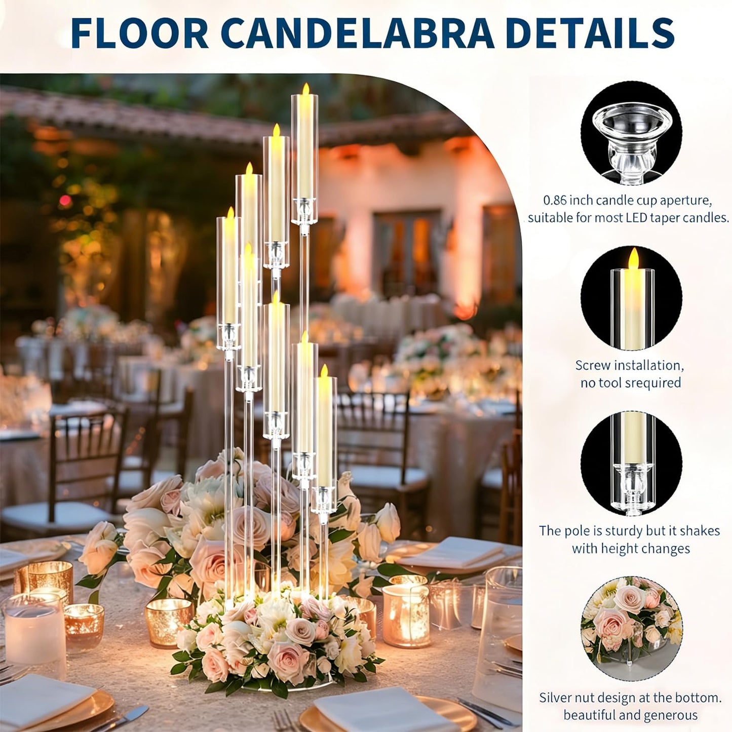 10pcs 8 Arm Acrylic Candelabra for Wedding,49inch Tall Floor Candle Holders Clear Candlesticks Holder for Housewarming Gift Fireplace Valentine's Day Birthday Party Home Decoration