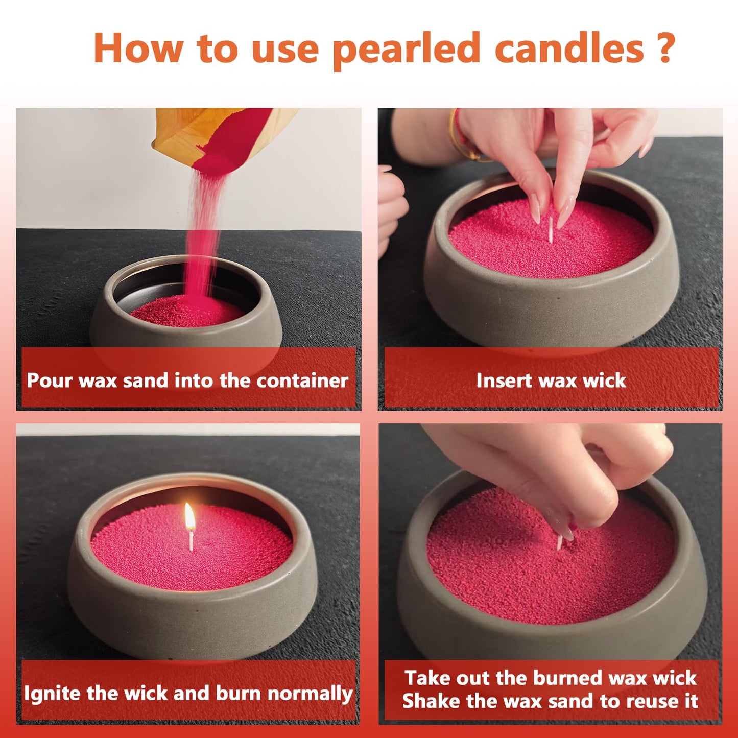 DRMAISON Pearled Candle Wax Sand DIY Kit - 17.6 oz, Bright Red, Non-Toxic&Smoke-Free, Refillable with 30 Wicks, Long-Lasting Flame, Highly Customizable for Wedding, Party&Holiday Decor