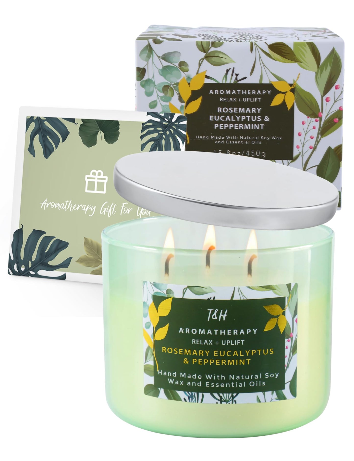 Rosemary Eucalyptus Peppermint 3 Wick Candle for Home Scented | 15.8 oz Large Soy Candle | Spa Aromatherapy Candles for Home Stress Relief | Clean Burn | Gift for Women & Men