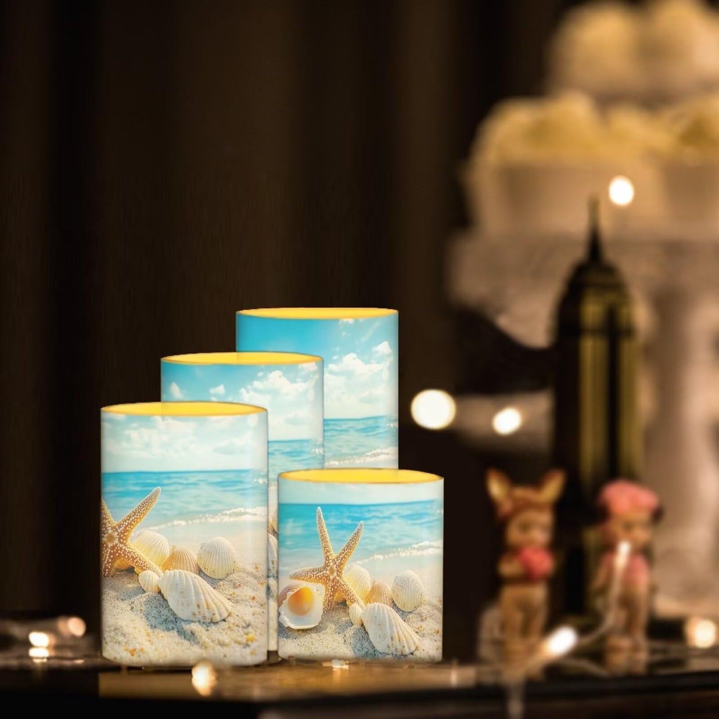 NETILGEN 4 Pcs Flameless Candles with Remote Timer Battery Operated LED Pillar Flickering Candles Beachside Seashell Starfish Print