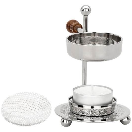 Adjustable Resin Incense Burner/Incense Censer with Tealight and Wooden Handle – HANDCRAFTET Nickel-Plated Brass, Height 4.33 inch, Durable Aromatherapy Holder for Safe Burning