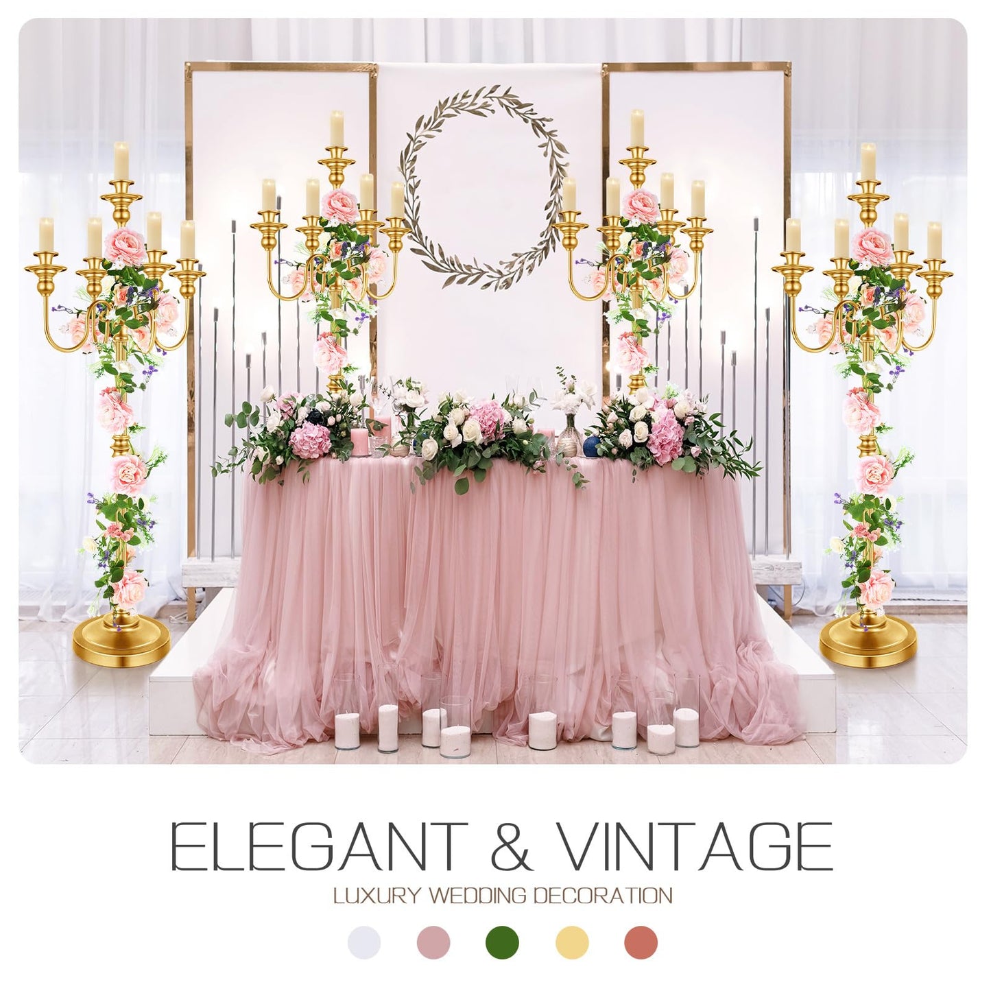2 Pcs Gold Wedding Floor Candelabra 50 Inch Antique Led Candle Stand Metal 5 Arm Candelabra Centerpiece Decoration for 5 Candlesticks Bridal Shower Christmas Aisle Event Birthday Party Ceremony Home