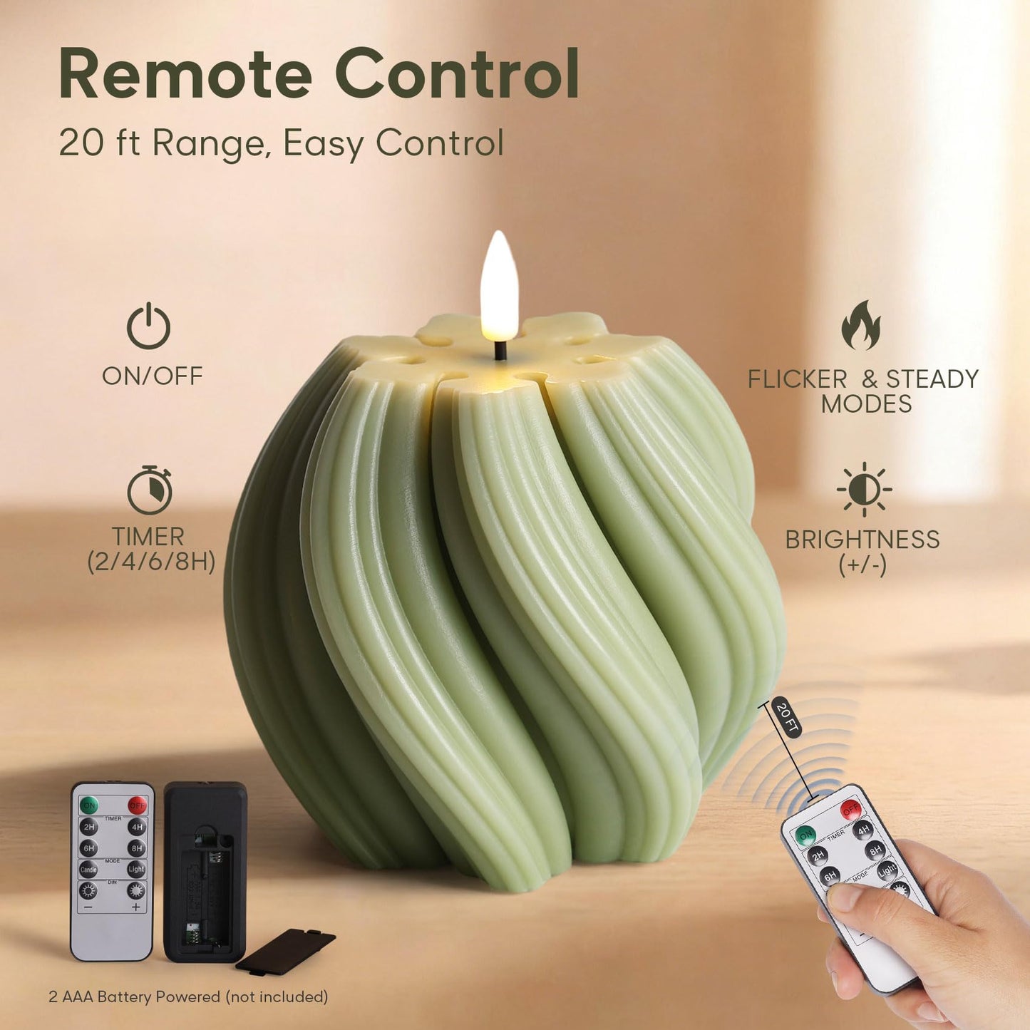 Girimax Sage Green Swirl Flameless Candles with Remote, Flickering LED Wax Candle Aesthetic Home Shelf Decor 1 Pack