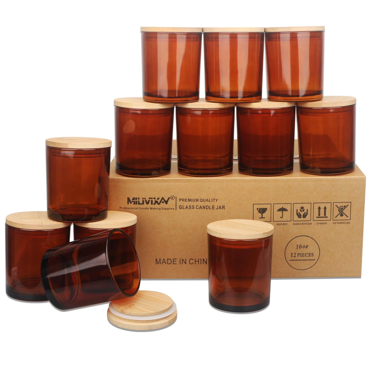 MILIVIXAY 12 Pack 10 OZ Amber Thick Glass Candle Jars with Lids - Bulk Empty Candle Jar for Making Candles - Spice, Powder Containers.