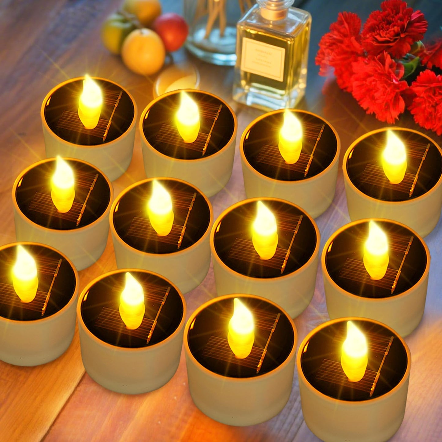 Solar Tea Lights Outdoor Waterproof - 12 Pack Flameless Flickering Solar Candles Reusable LED Tea Light Candles Rechargeable Dusk to Dawn Lighting for Lanterns Garden Camping Home Decor, 2.3''x2.1''