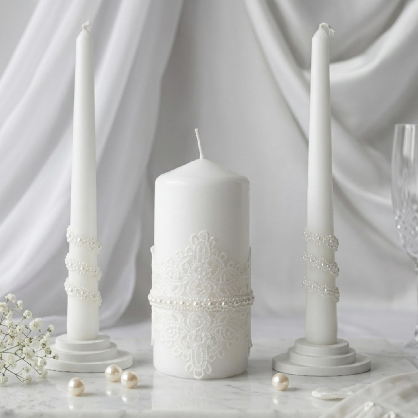 Magik Life Unity Candle Set - Wedding Ceremony & Reception – 6” Pillar & Two 10” Taper Candles – Long Burning Unity Candles for Marriage Ritual – Handmade in USA – White | Lace
