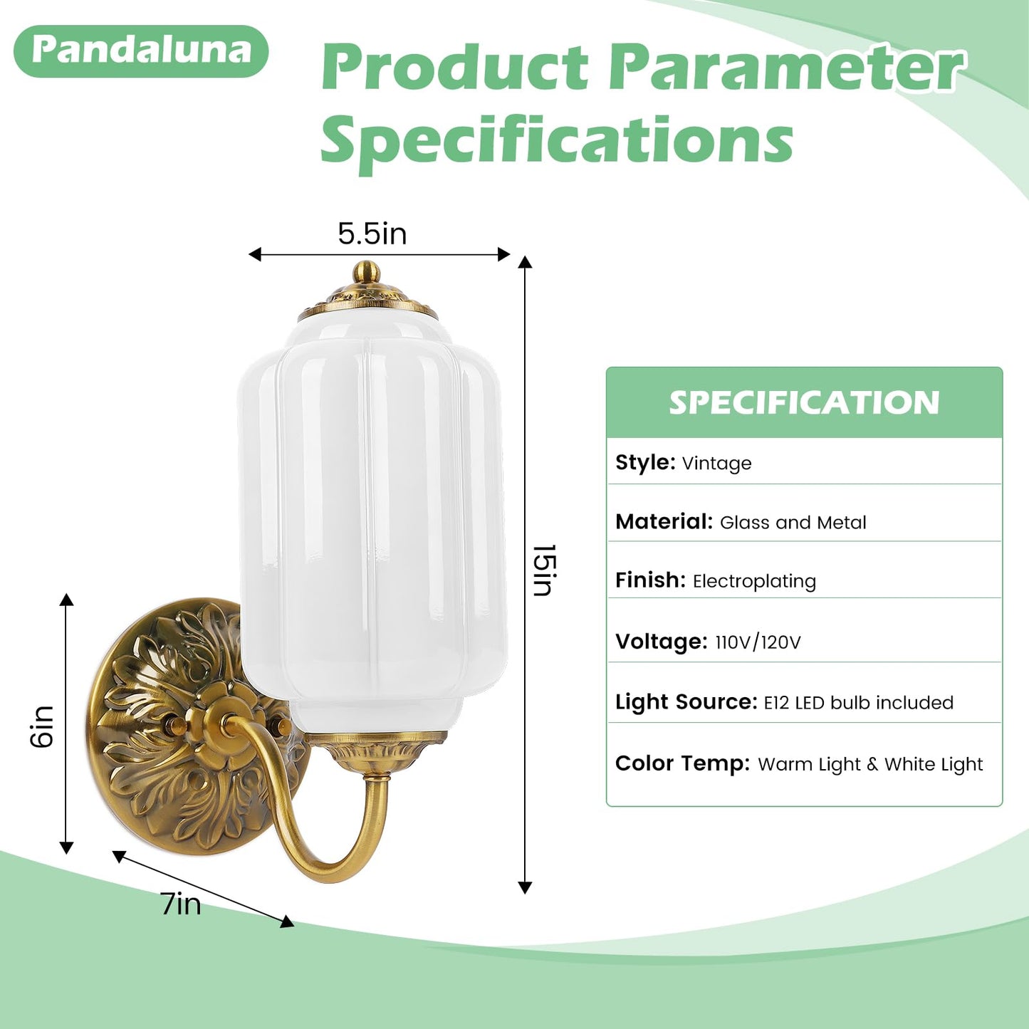 Pandaluna Vintage Wall Sconce, White Milk Glass Light Fixture, 5.5In Art Deco Antique Wall Sconce for Bedroom Bathroom Living Room Hallway Entryway, E12 LED Bulb Included, Antique Gold & White 2 Pack