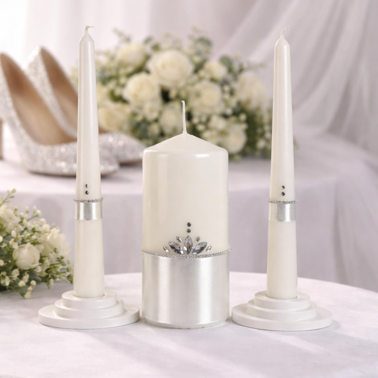 Magik Life Unity Candle Set - Wedding Ceremony & Reception Candle – 6” Pillar & Two 10” Taper Candles – Long Burning Unity Candles for Marriage Ritual – Handmade in USA –White |Classic|Crown
