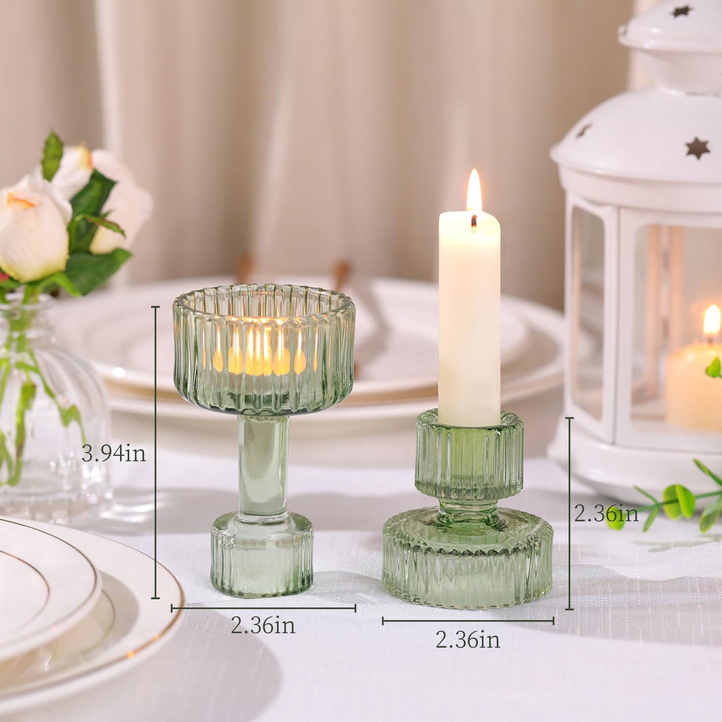 Lanttu Green Glass Taper Candle Holders Set of 6 Candlestick Holders Bulk Combination Candle Holders Crystal Candle Holders for Wedding, Table Centerpiece, Home Decoration