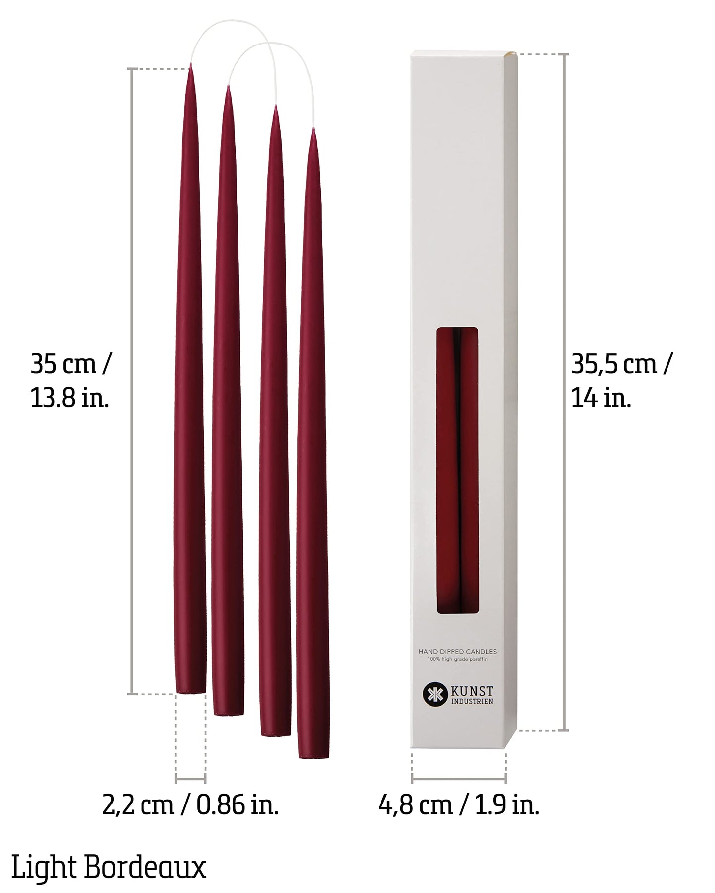 Kunstindustrien® Taper Candles, Set of 4, 13.8" – Made in Denmark, Long Burning Candles 15h, Unscented & Smokeless Candlesticks, Elegant Tall Candles for Weddings Dinners & Home Decor (Light Bordeaux)