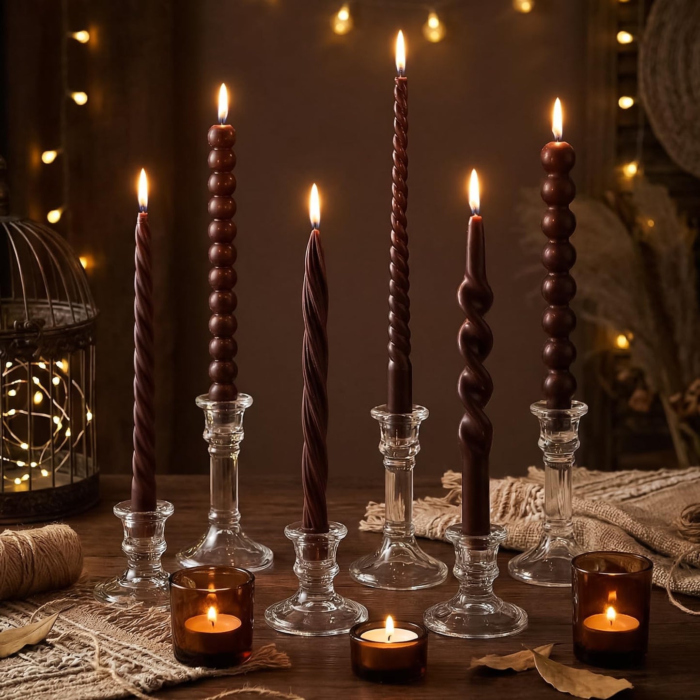 Conelist 10 Inch Brown Twisted Taper Candles Set of 6, Tall Smokeless Twisted Candlesticks for Wedding Holiday Birthday Home Party Decorations