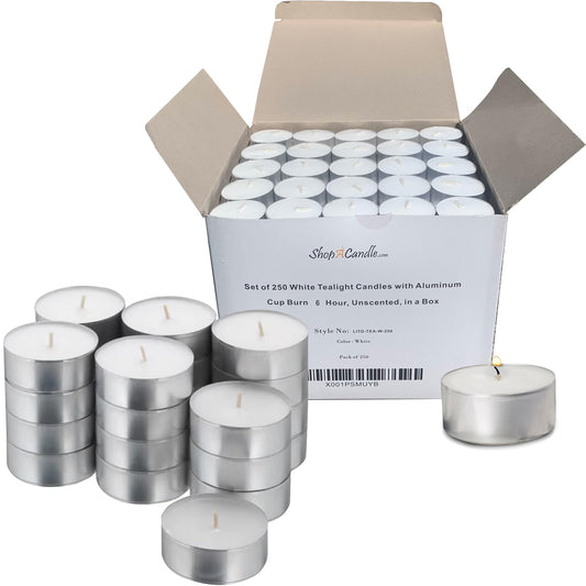Tea Light Candles in Metal Cups - 6 Hours Clean, Long Burning White Unscented Tea 250 Votive Candles Bulk for Romantic Dinner, Wedding, Spa & Hotels by PARNOO